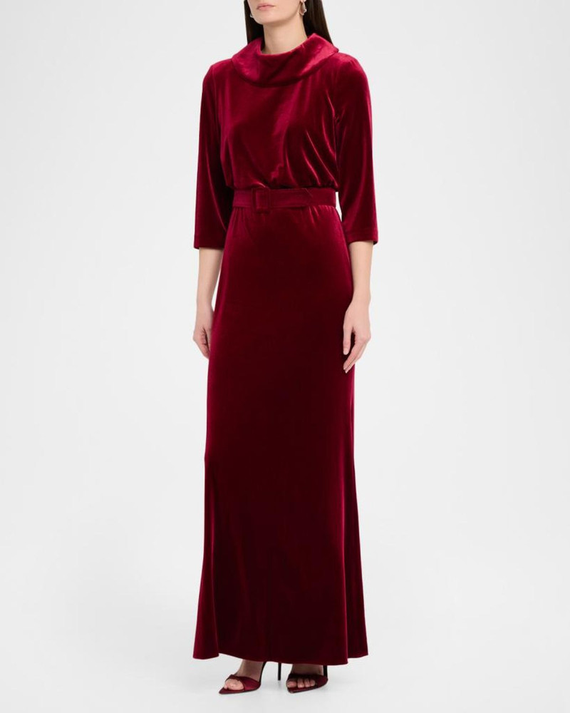Belted Funnel-Neck Velvet Gown 4