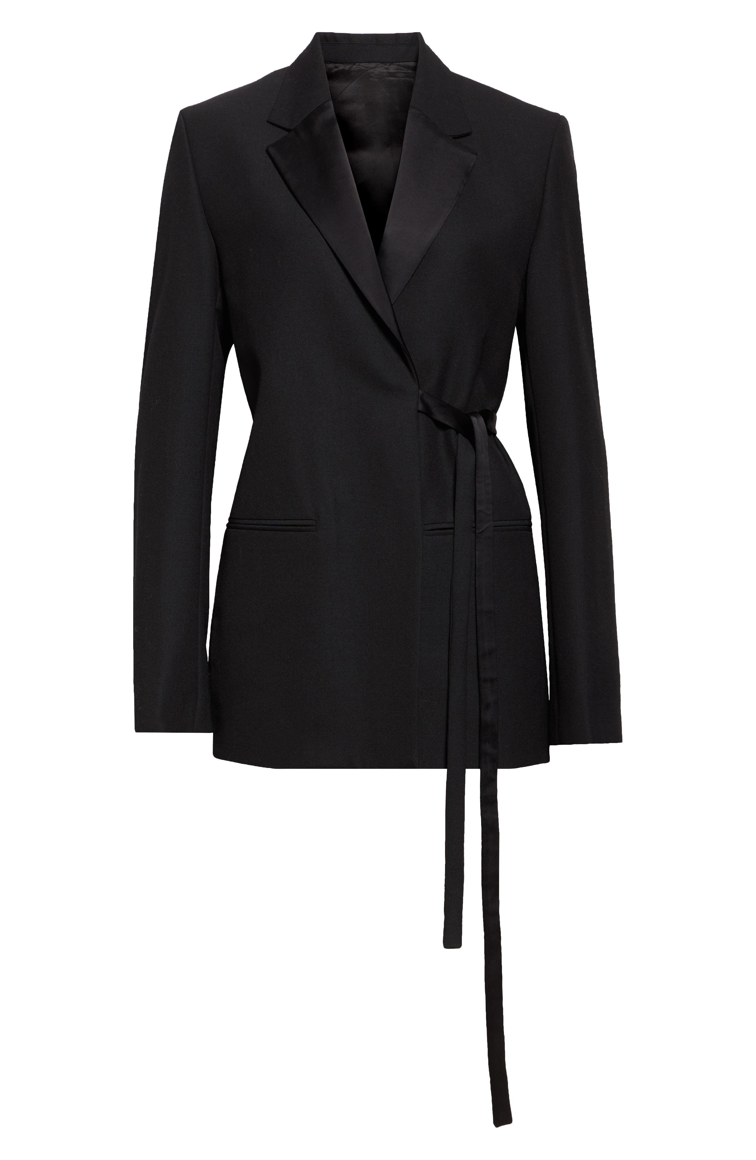 TOTEME Satin Lapel Recycled Polyester & Wool Wrap Blazer in Black at Nordstrom - 7