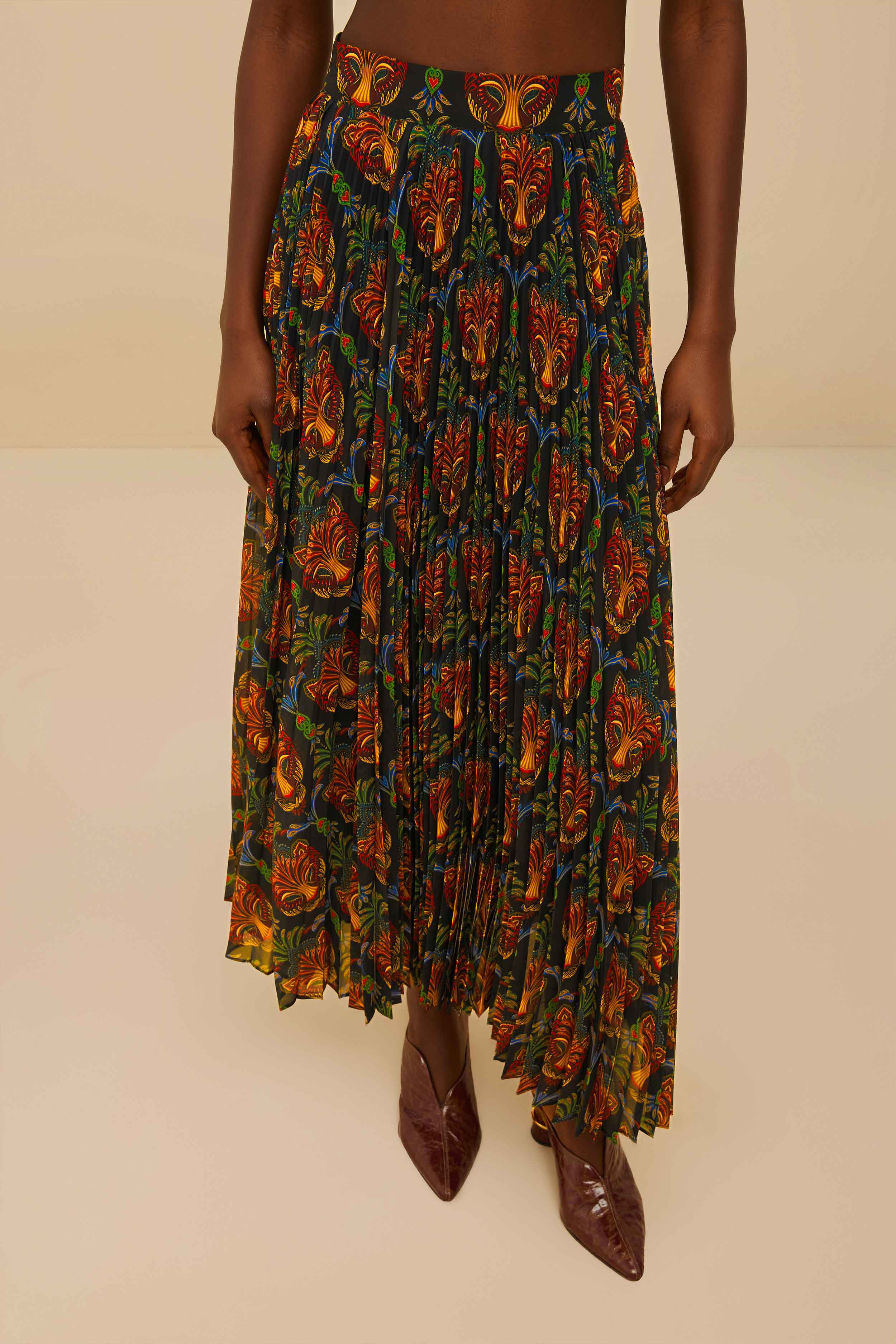 Black Boho Panther Pleated Maxi Skirt - 2