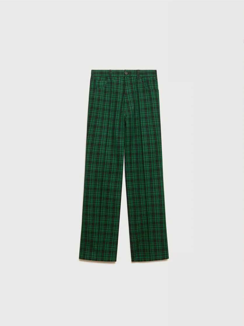 BLACK AND GREEN CHECKED WOOL-COTTON TROUSERS - 1