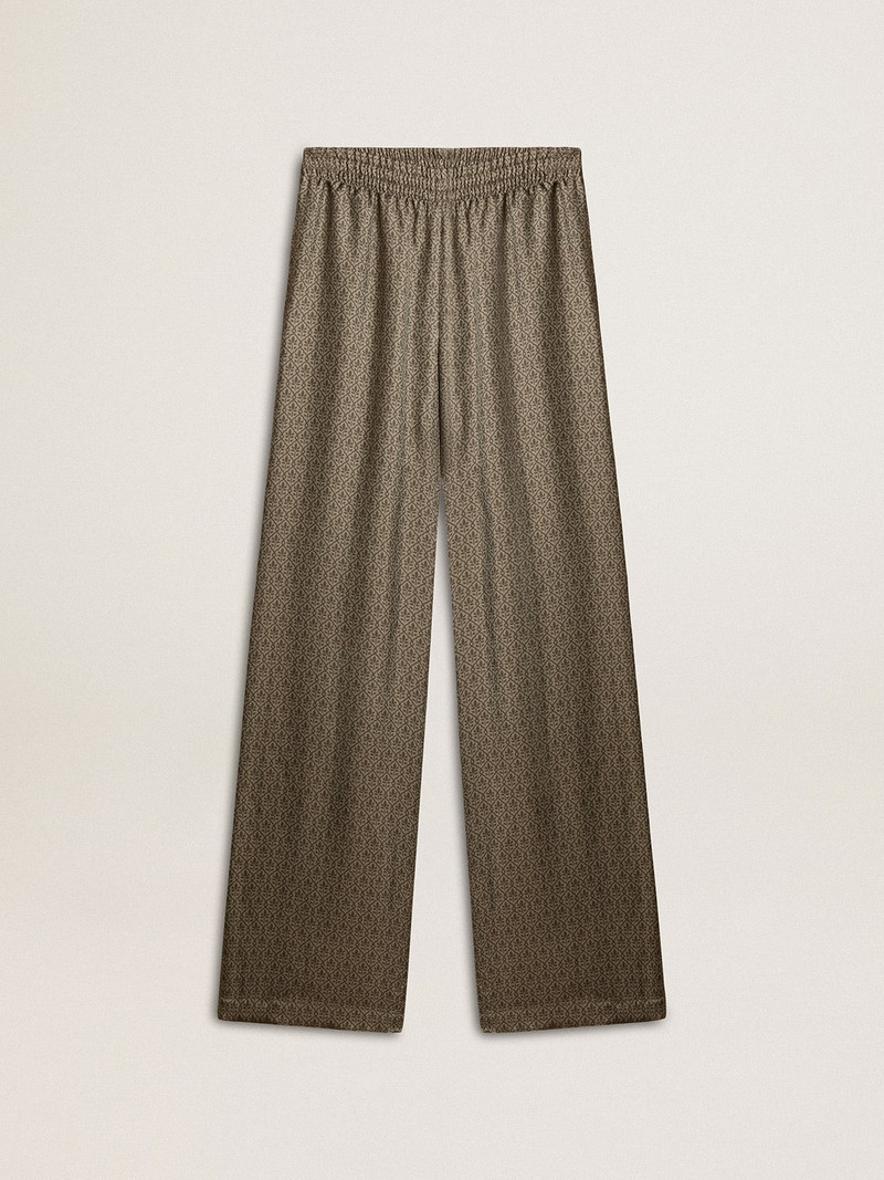 Women's green viscose-blend silk pants with floral pattern 1