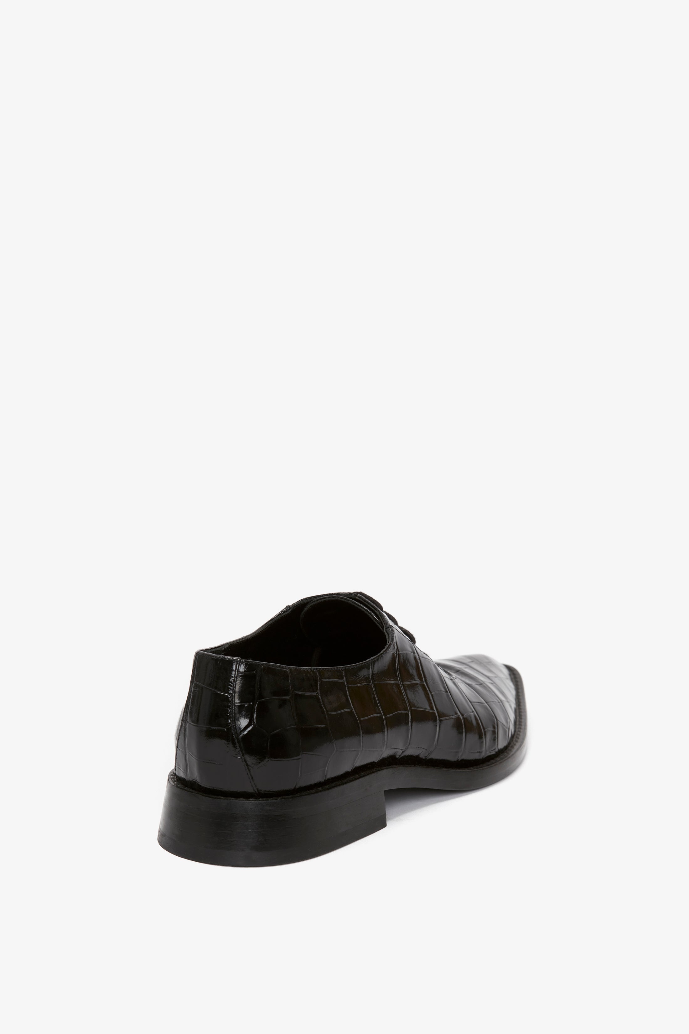 Pointy Toe Flat Lace Up In Black Croc-Effect Leather - 3