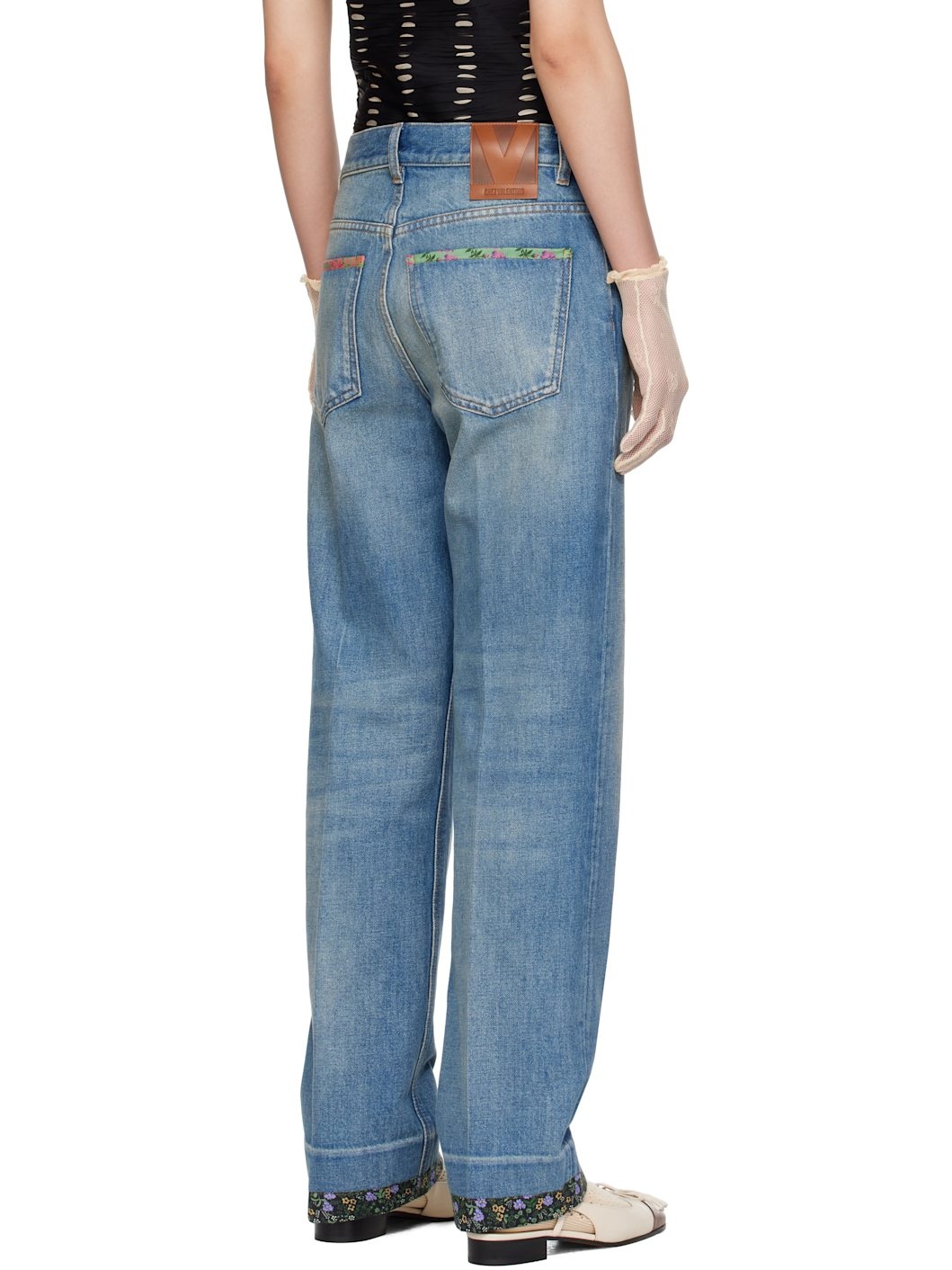 Blue Floral Print Hem Jeans - 3