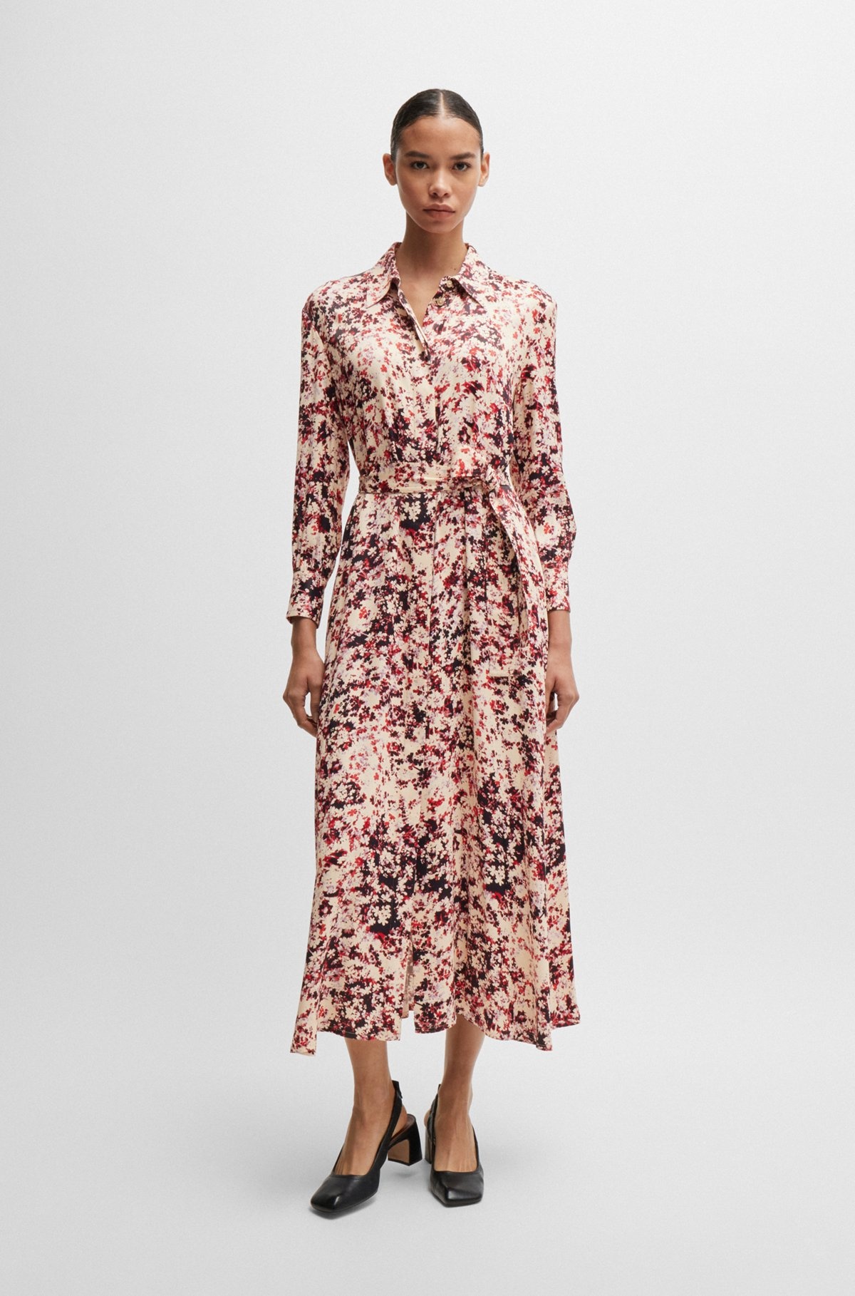 LONG-SLEEVED SHIRT DRESS IN FLORAL-PRINT SATIN - 3