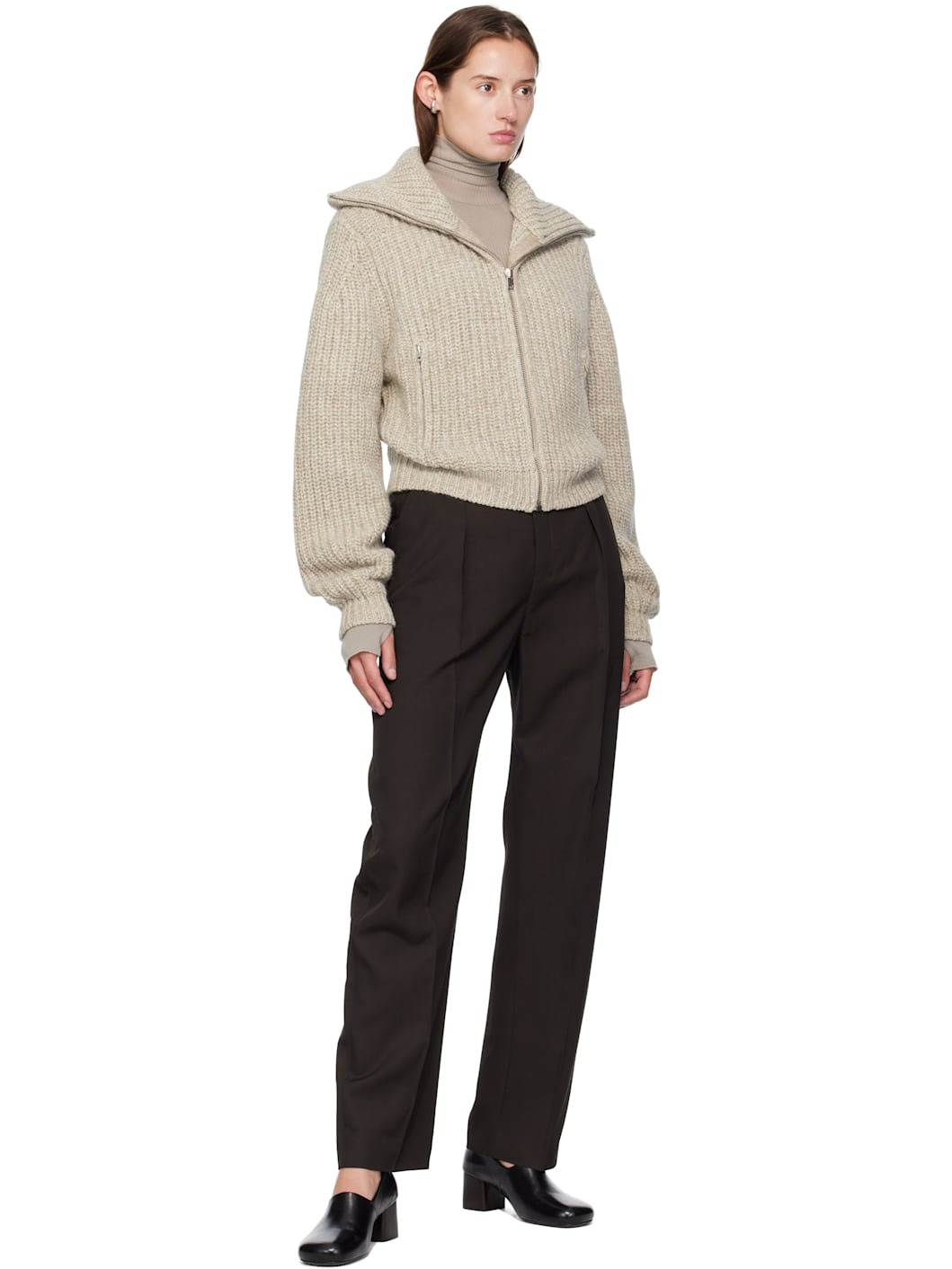 Beige Zipped Cardigan Sweater - 4
