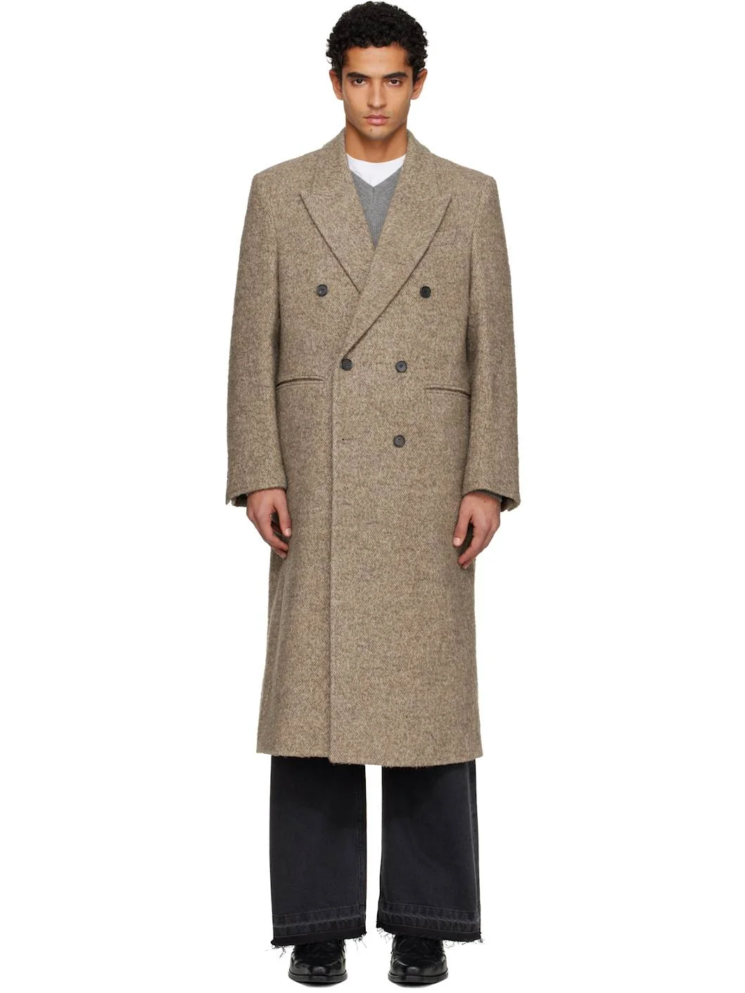 Beige Textured Wool & Alpaca Double-Breasted Coat - 1