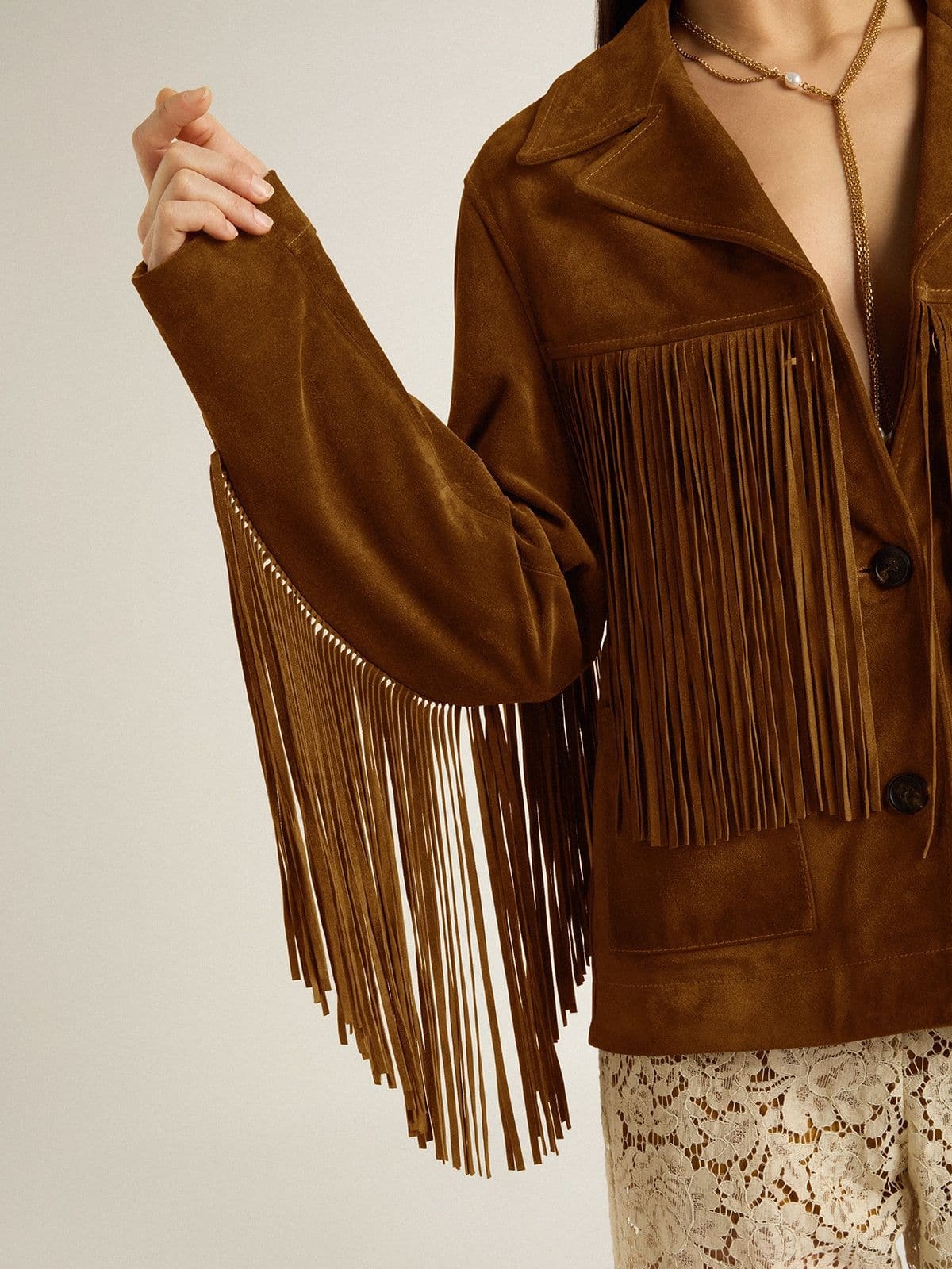 Women’s tobacco-colored suede jacket women with fringes - 6