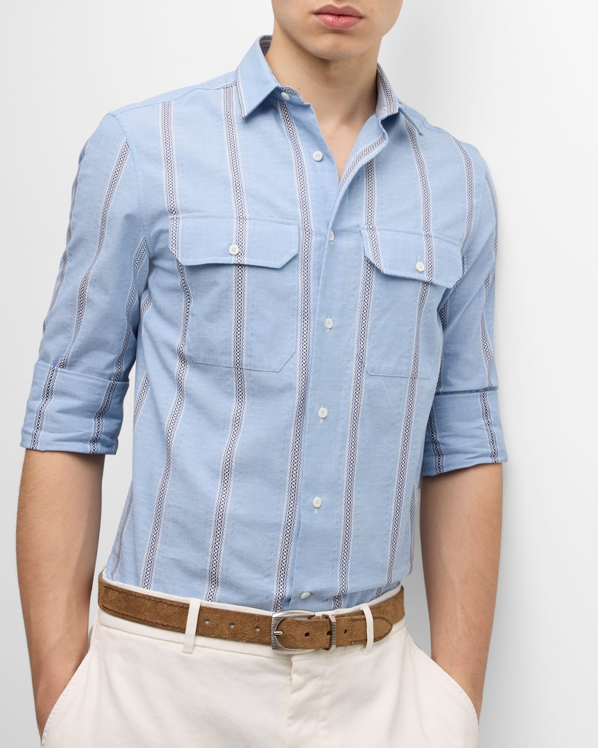 Men's Stripe Casual Button-Down Shirt with Pockets - 7