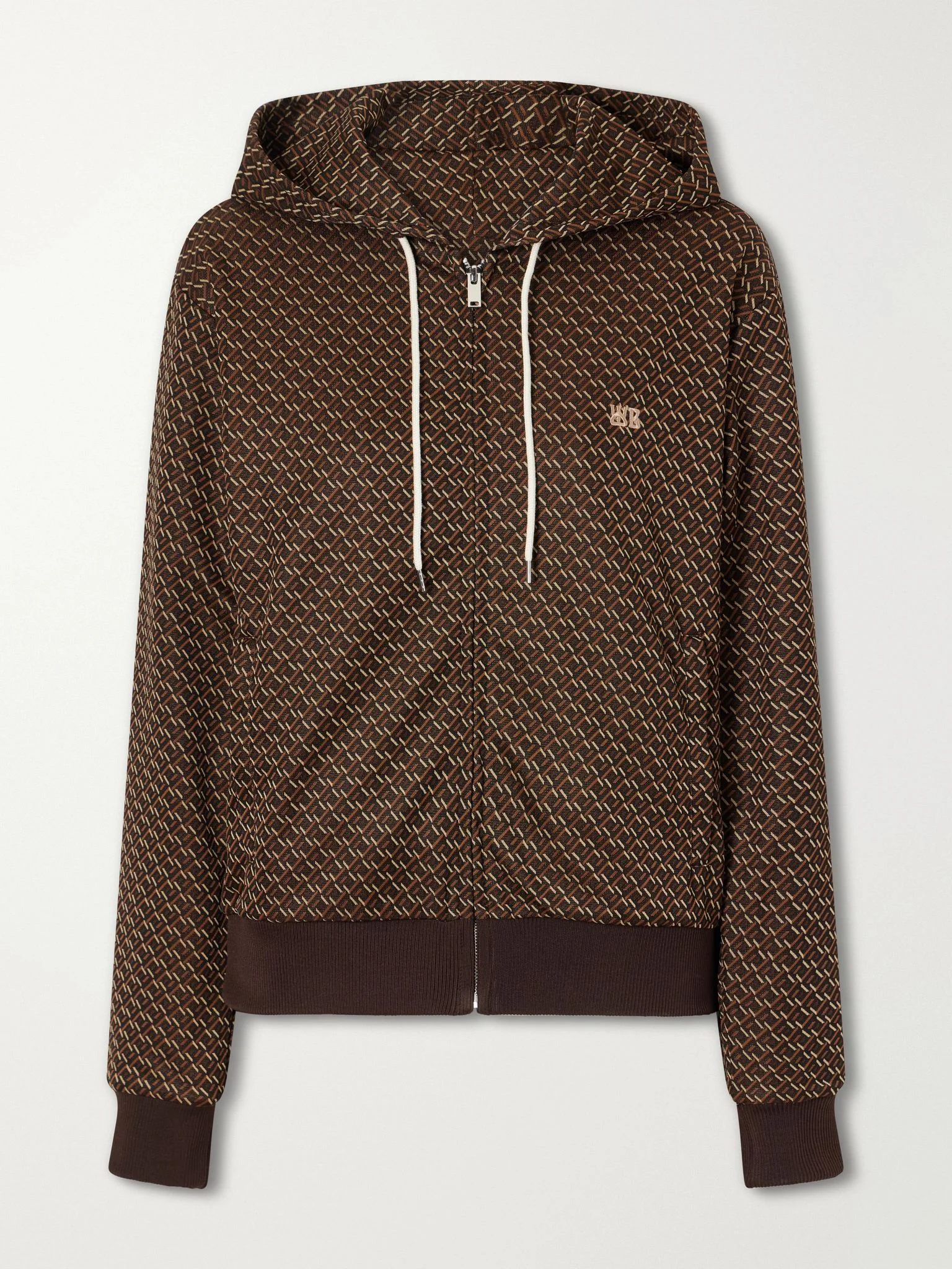 Logo-embroidered jacquard-knit zip-up hoodie Brown - 1