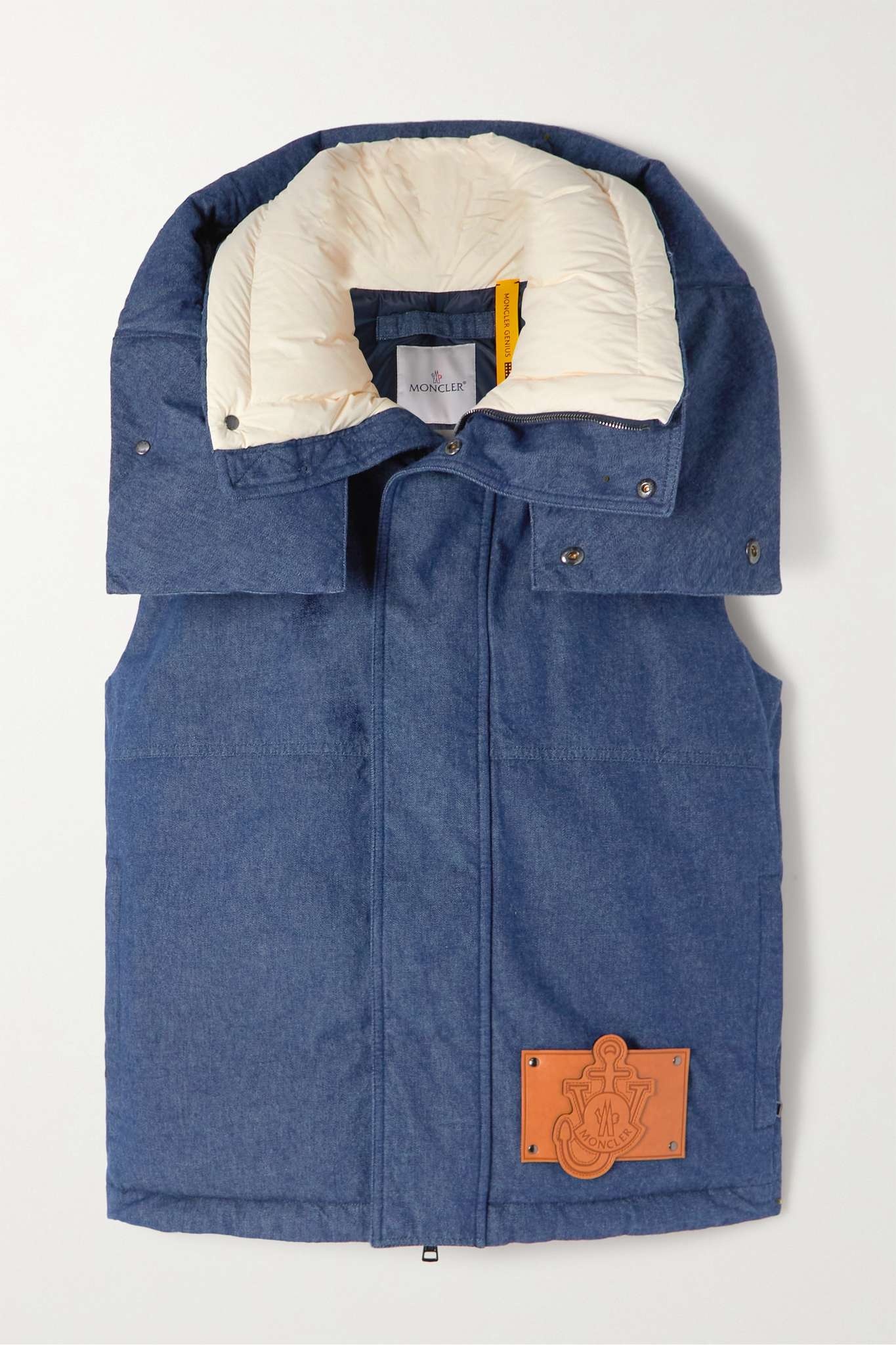 + JW Anderson Dalby hooded faux leather-trimmed denim down vest - 1