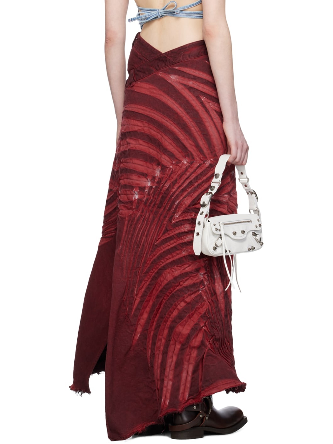 Red Creased Denim Maxi Skirt - 3