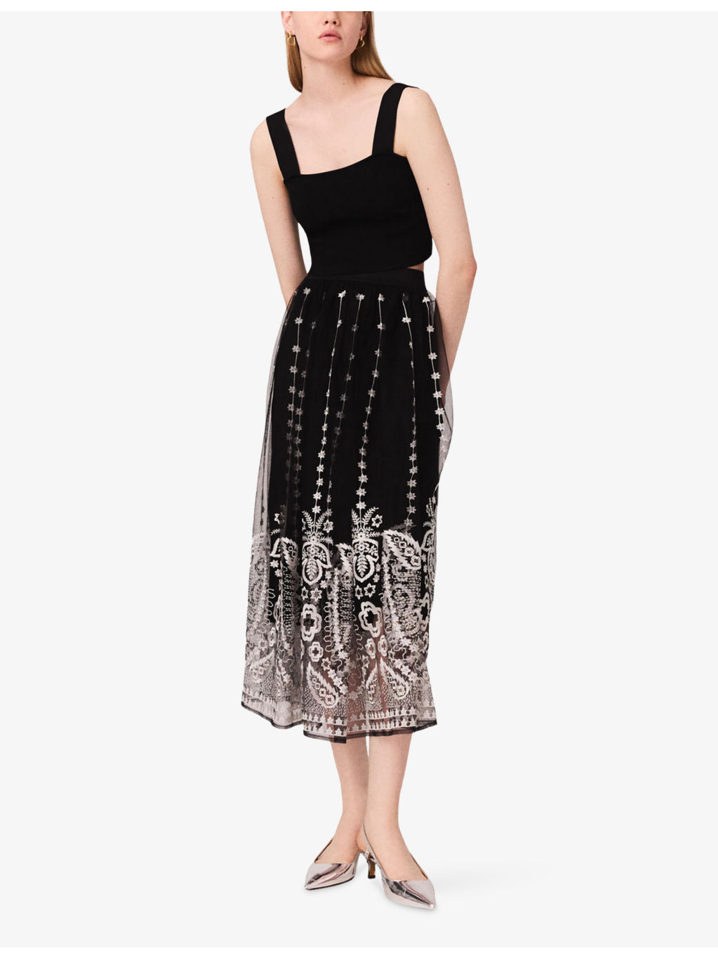 Floral-Embroidered High-Waist Tulle Maxi Skirt - 2