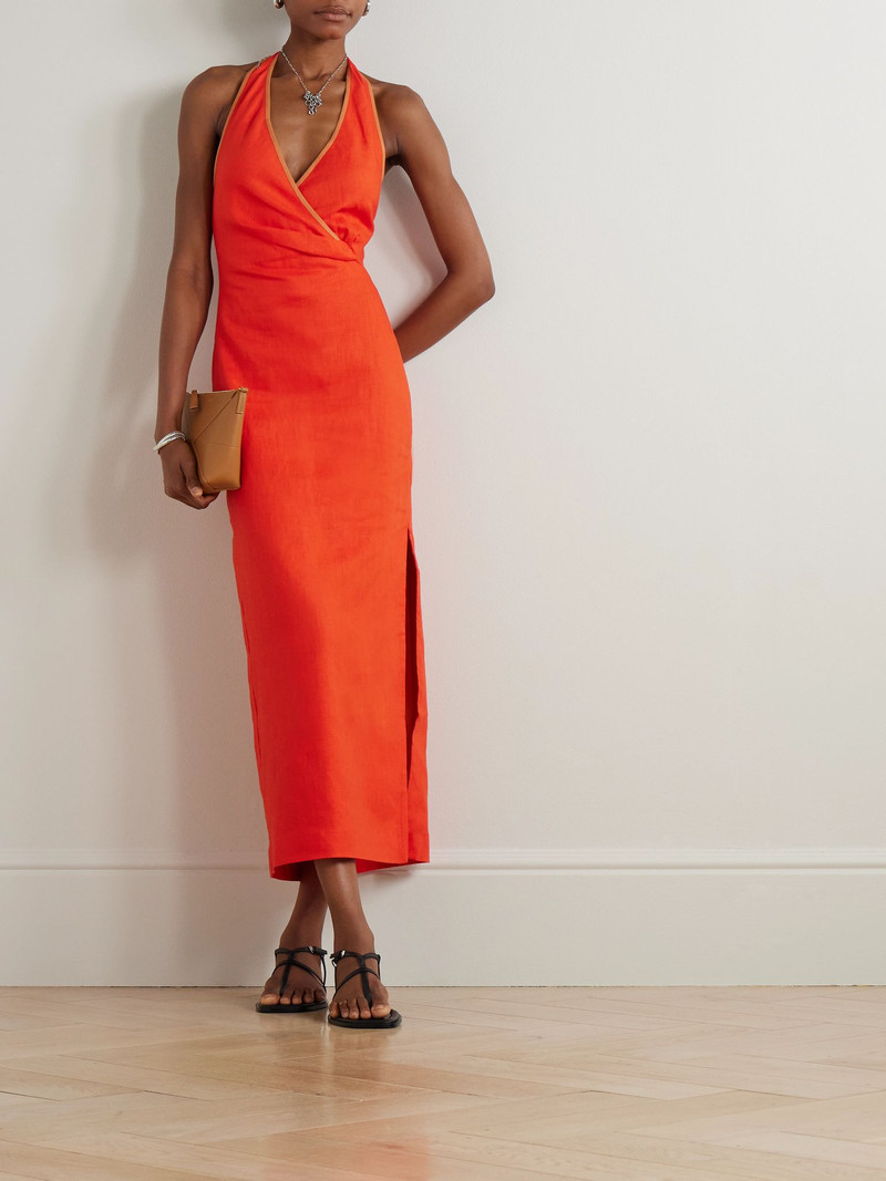 SIR. Panettone wrap-effect linen halterneck midi dress Orange outlook