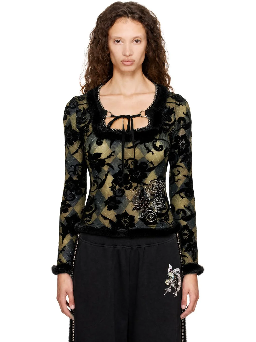 Black & Green Dew Sweeper Mesh Blouse - 1