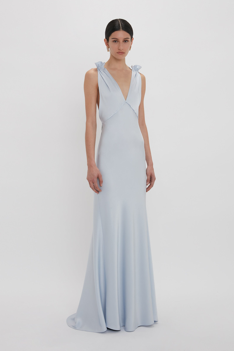 Victoria Beckham Exclusive Gathered Shoulder Cami Floor-Length Gown In Ice  Blue - 1324WDR005622A-ICE-BLUE-4 | REVERSIBLE