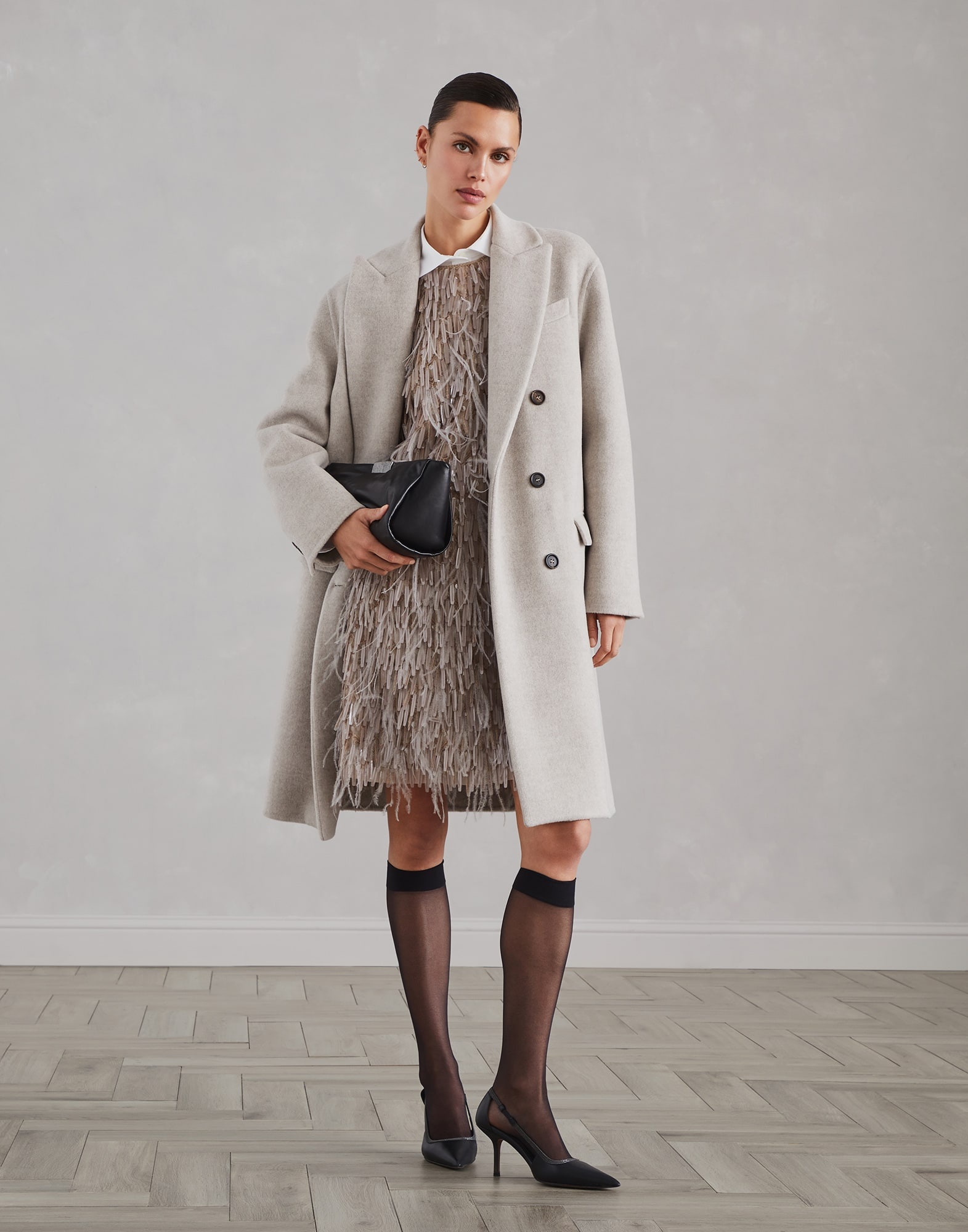 Hand-crafted virgin wool and cashmere double cloth coat with monili - 5