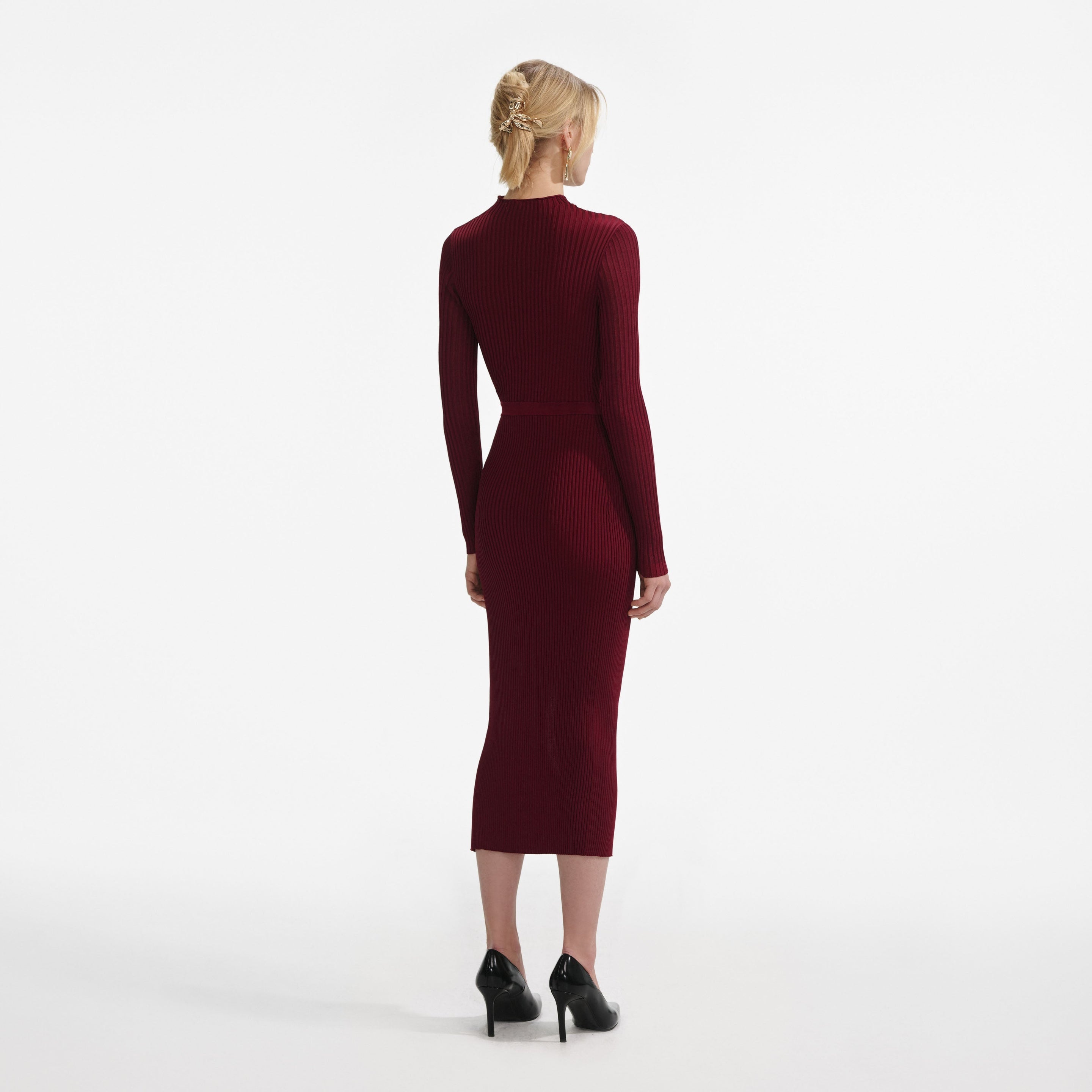 Burgundy Cut Out Rib Knit Midi Dress - 3