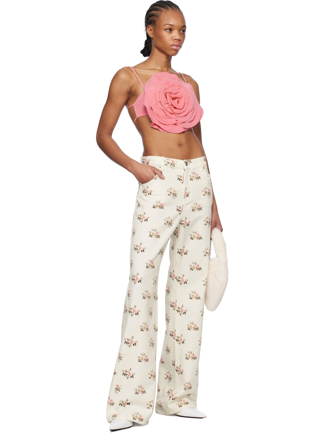 White & Pink Printed Boyfriend Jeans - 4