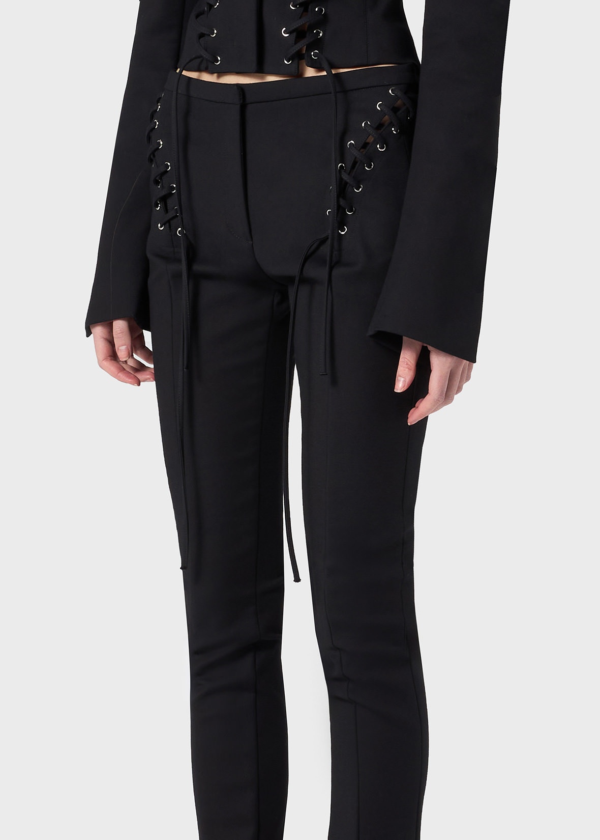 STRETCH COTTON PANTS WITH EYELETS AND STRAPS - 5