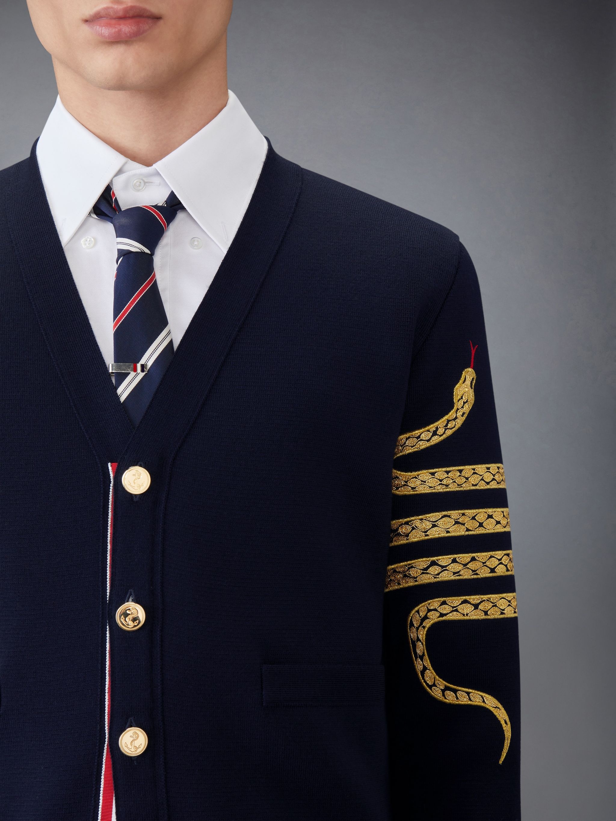 Thom Browne LUNAR NEW YEAR 4-BAR V NECK CARDIGAN | REVERSIBLE