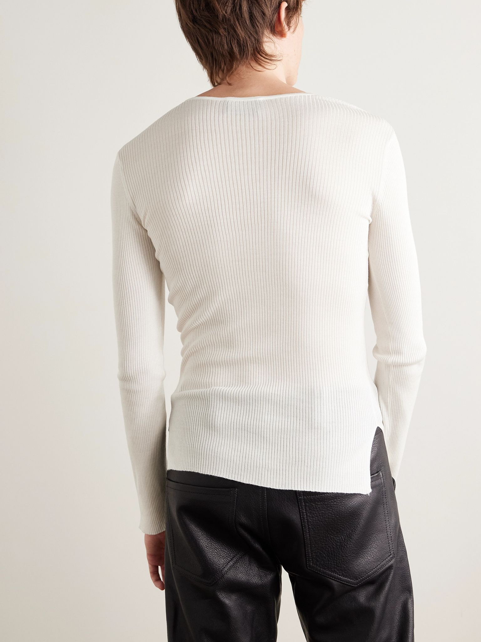 Logo-Embroidered Ribbed Silk and Cashmere-Blend Sweater White - 3