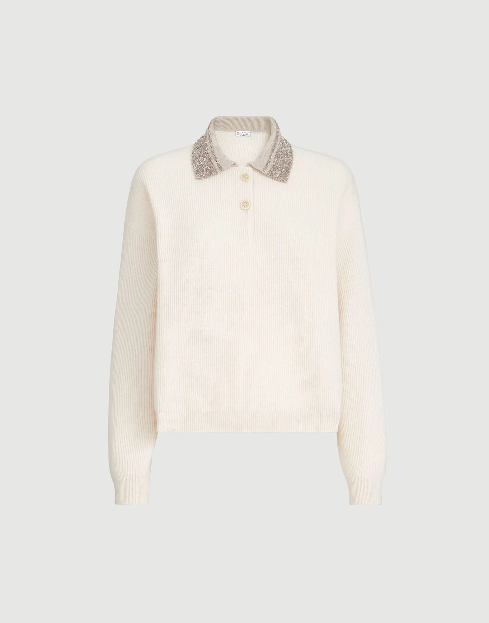 Virgin wool, cashmere and silk English rib knit polo with dazzling collar - 1