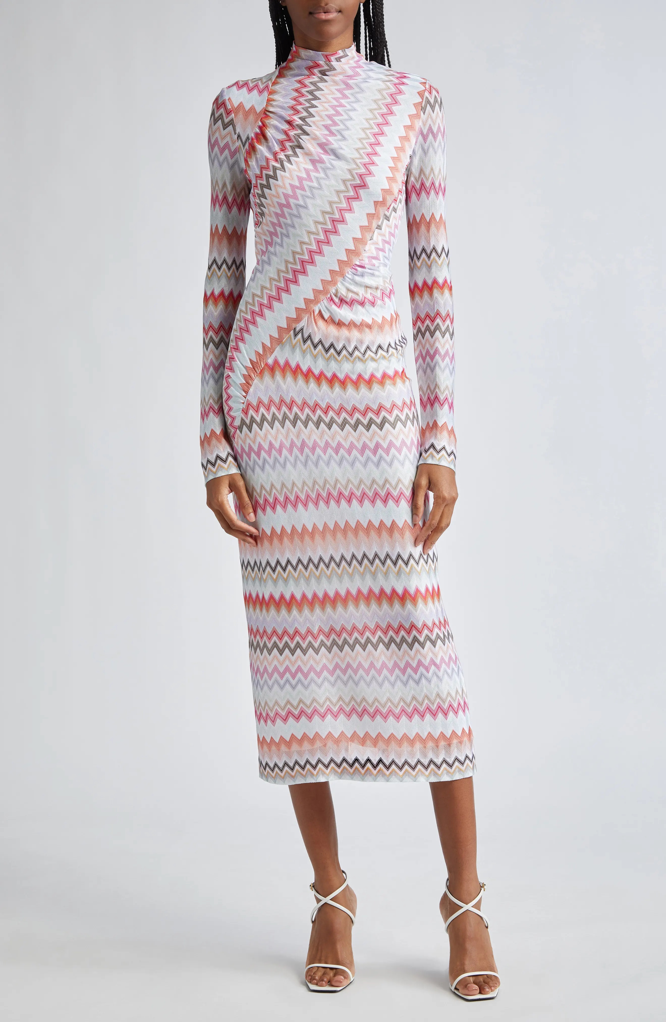 Asymmetric Long Sleeve Chevron Knit Dress in Black/Light Tones Multicolor - 1