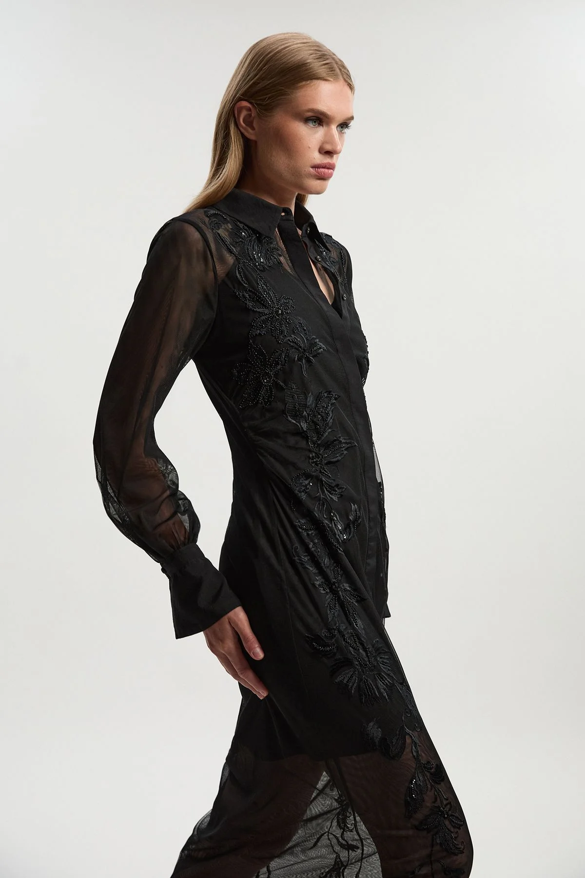 Archive Mesh Embellished Embroidered Sheer Shirt Dress - 1