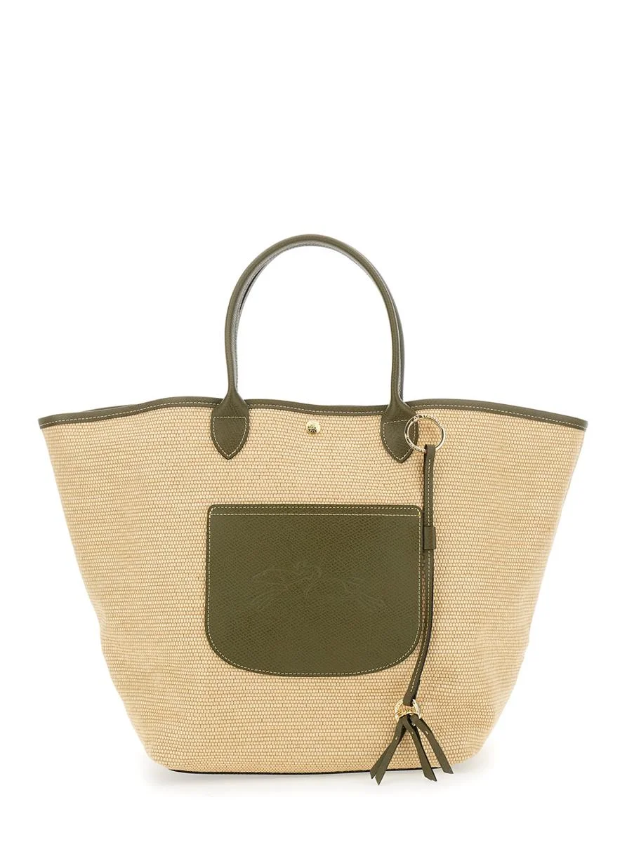 Longchamp 'Le Panier Pliage L' Green Handbag With Logo Embossed On The Front In Mixed Fabric And Lea - 1