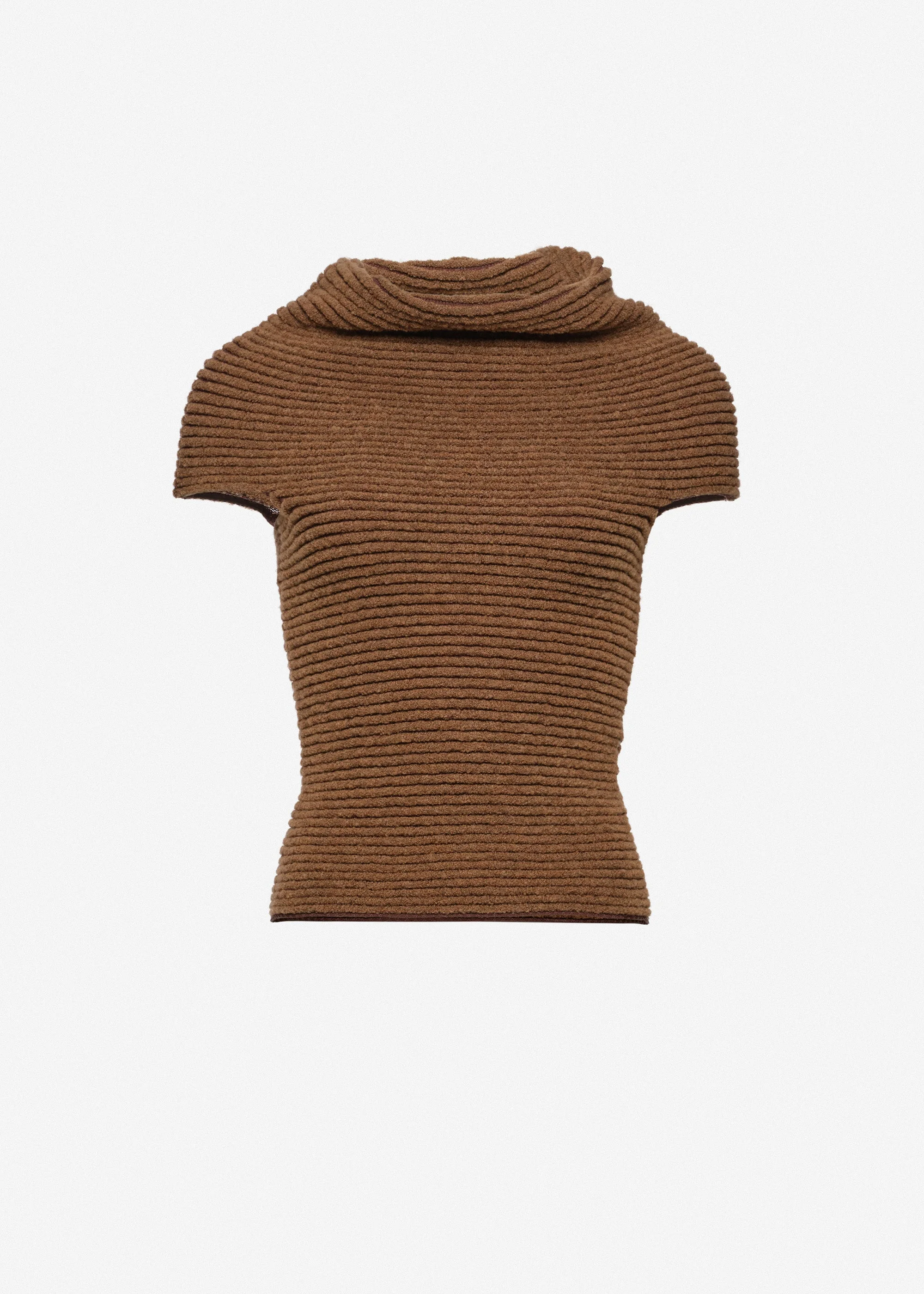 Ribbed cowl-neck knit top in camel - 1