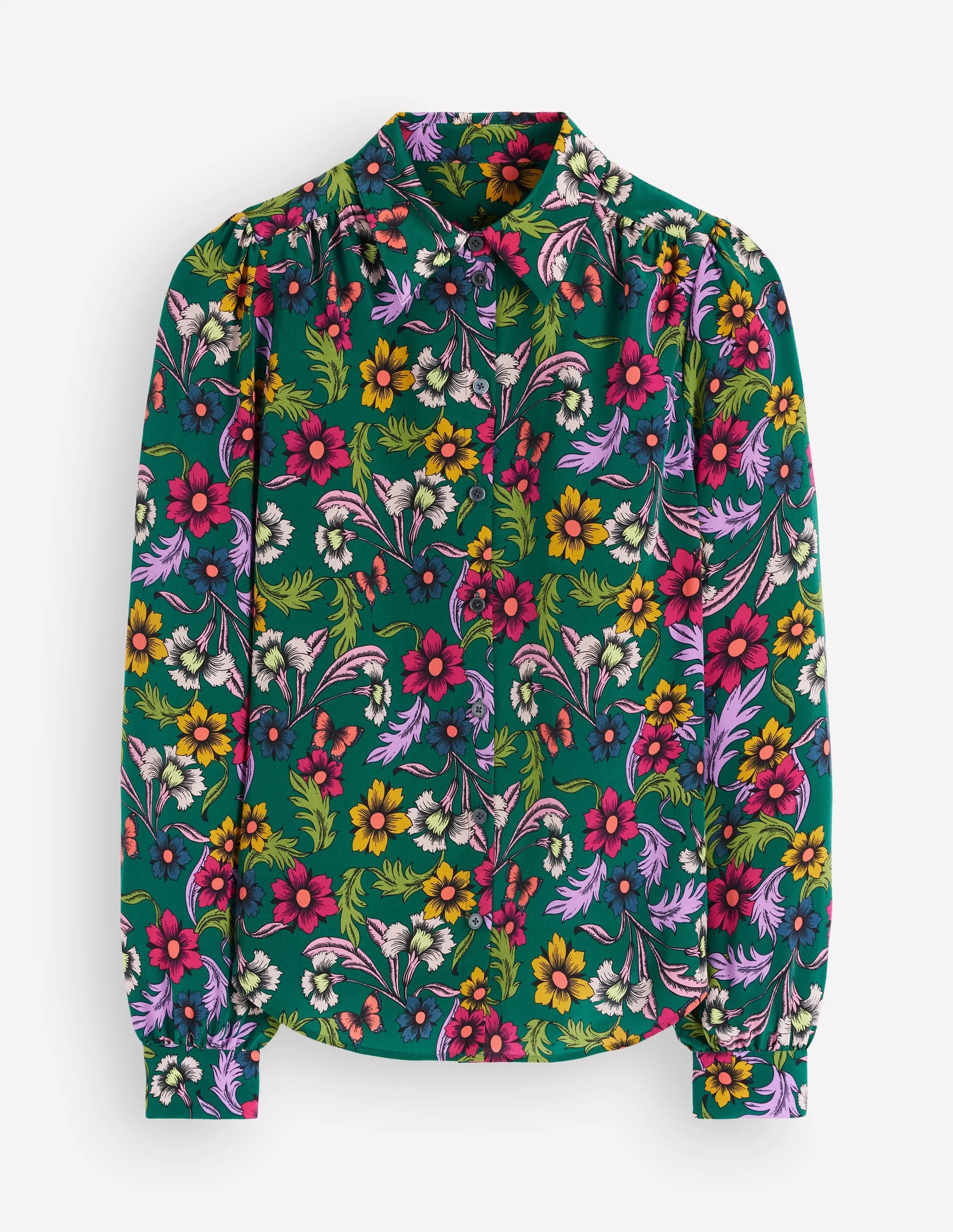 Sara Silk Shirt-Green, Butterfly Bouquet - 1