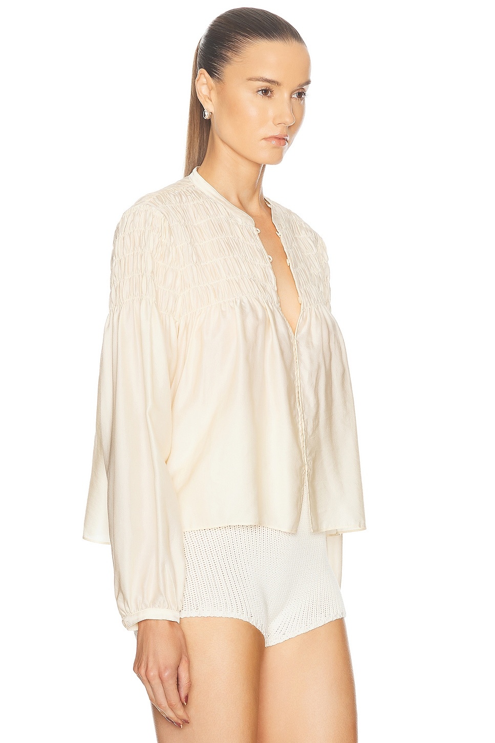 Smocked Collarless Blouse - 2