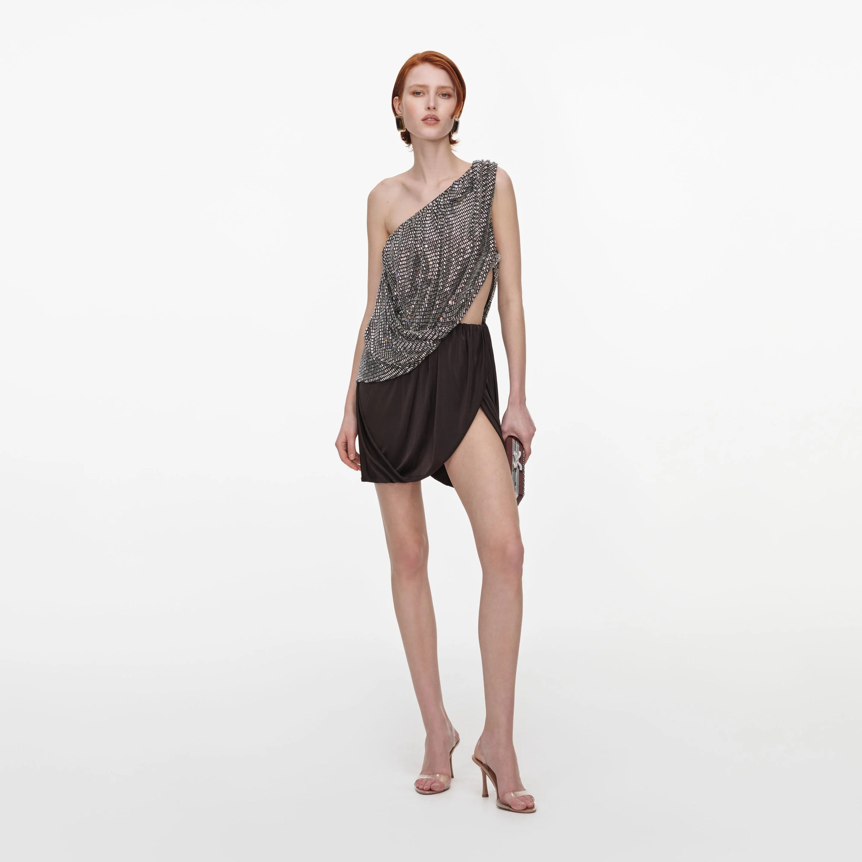 Rhinestone One Shoulder Drape Mini Dress - 1