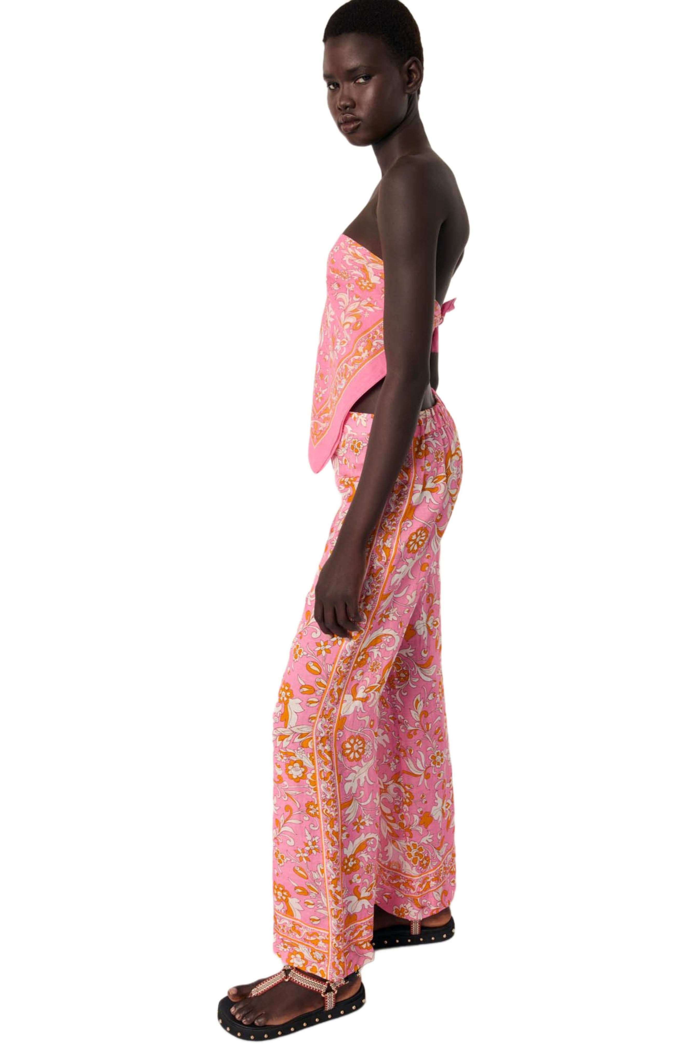 maje Patterned linen trousers in Orange Pink Flowers Print at Nordstrom - 5