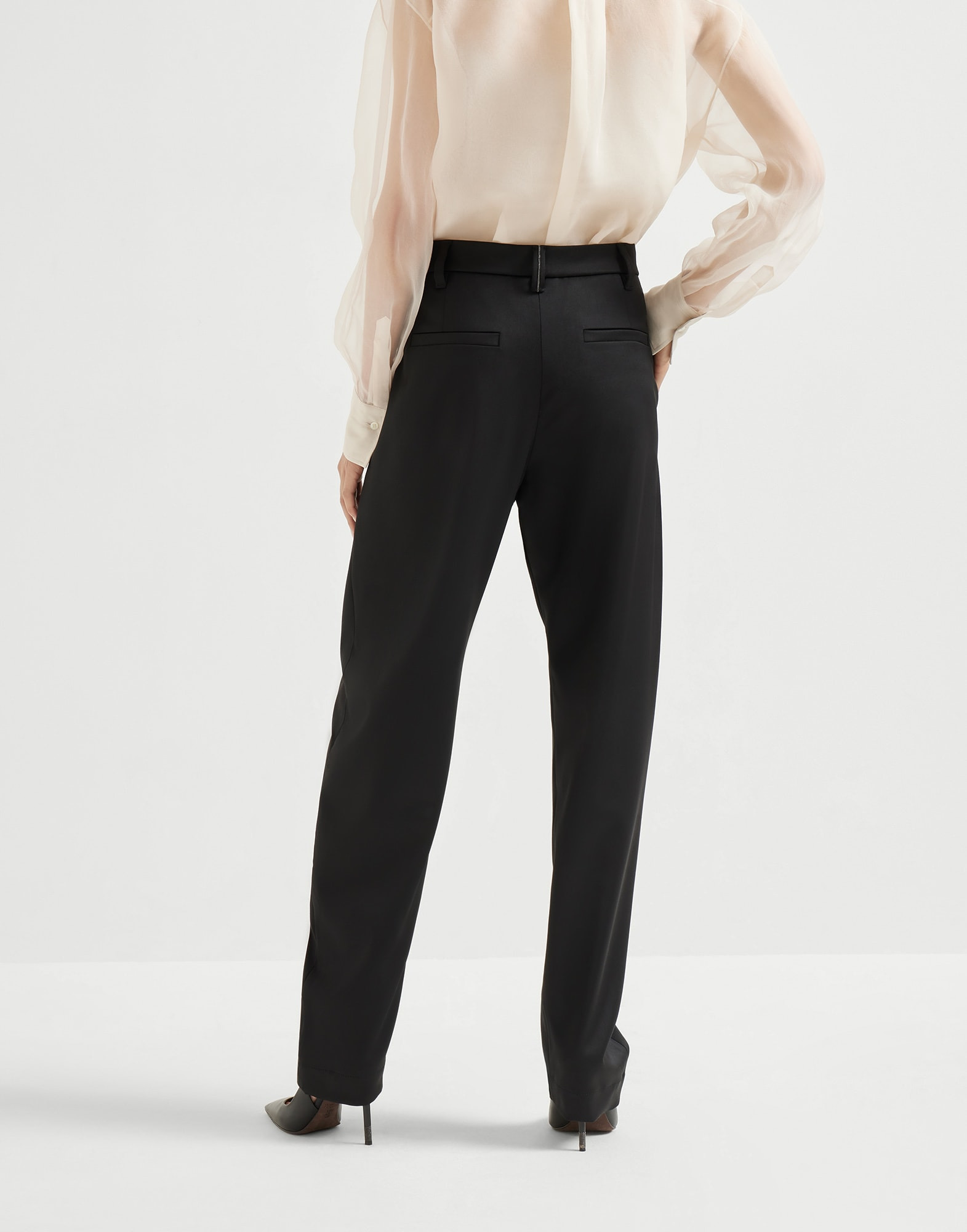 Virgin wool stretch satin slouchy trousers with monili - 2