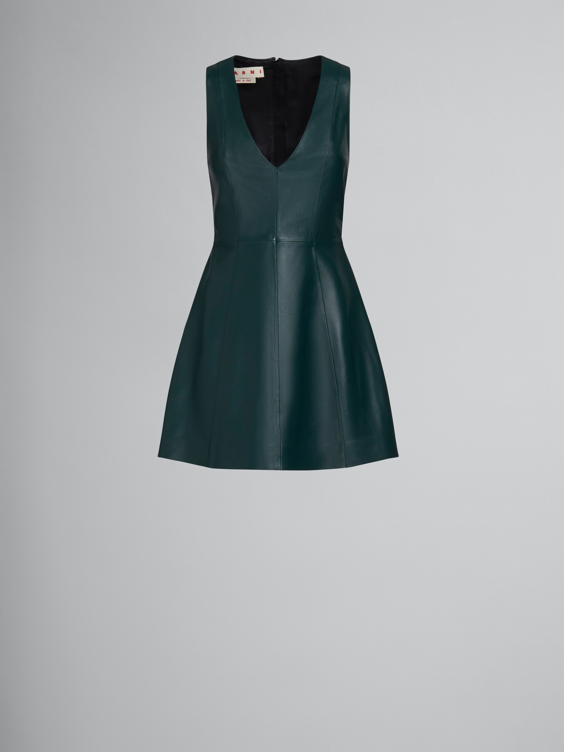 GREEN LEATHER DRESS WITH V-NECK - 1