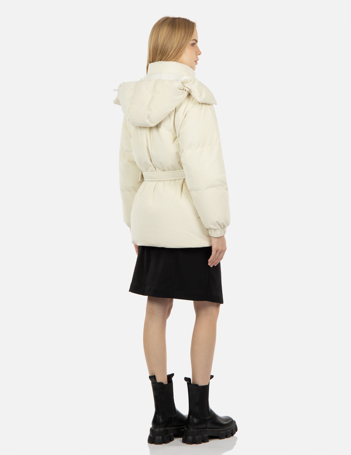Seagull Embroidery Corduroy Belted Down Jacket - 4