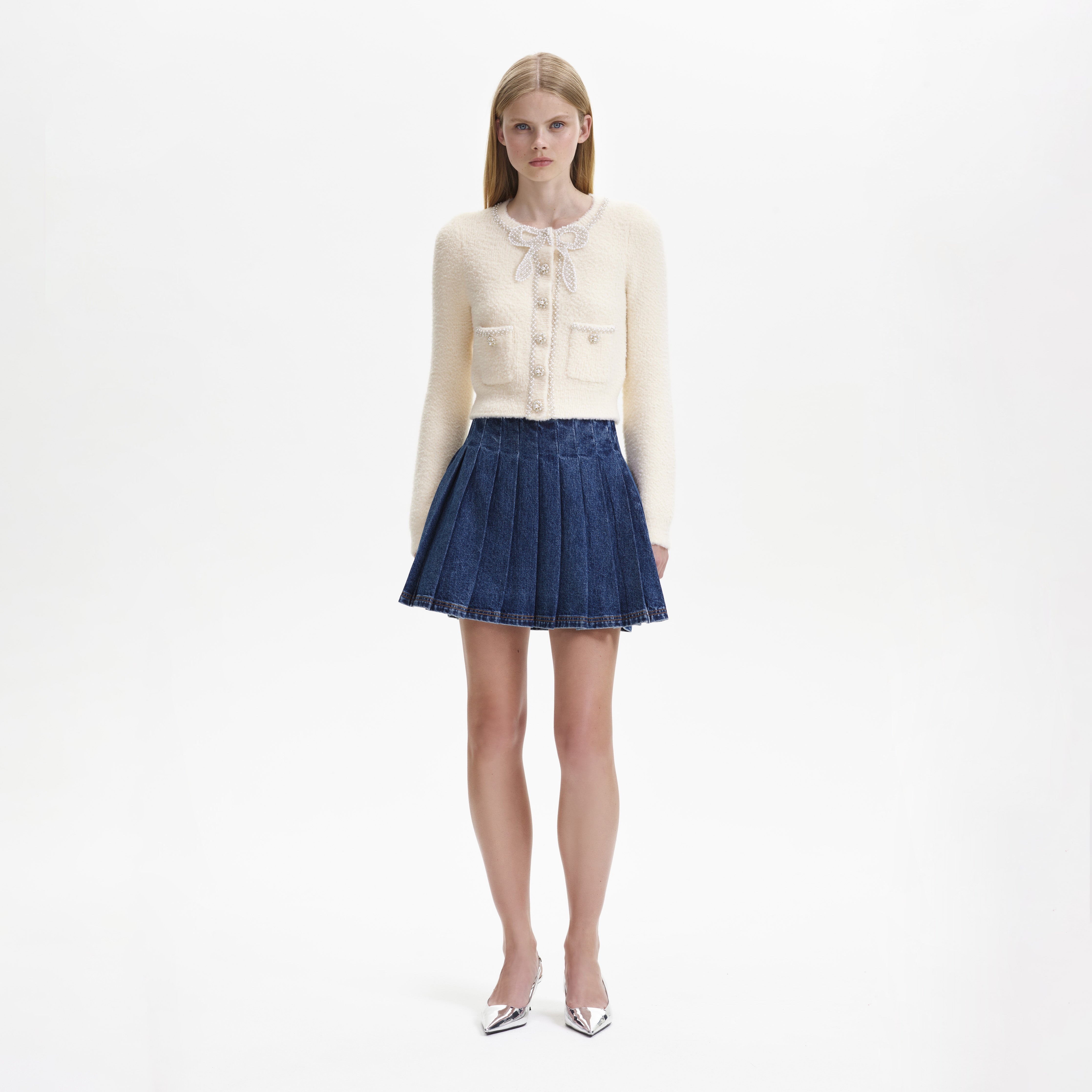 Cream Soft Knit Bow Cardigan - 1