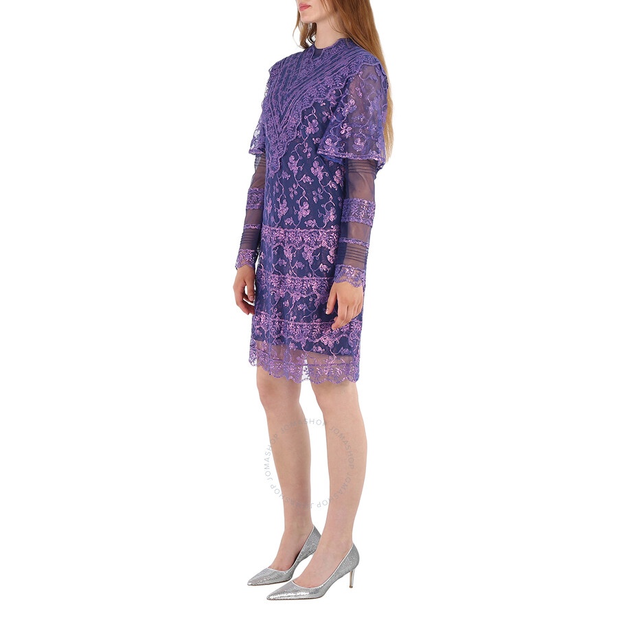 Burberry Laminated Lace Cape Sleeve Dress In Bright Purple - 5