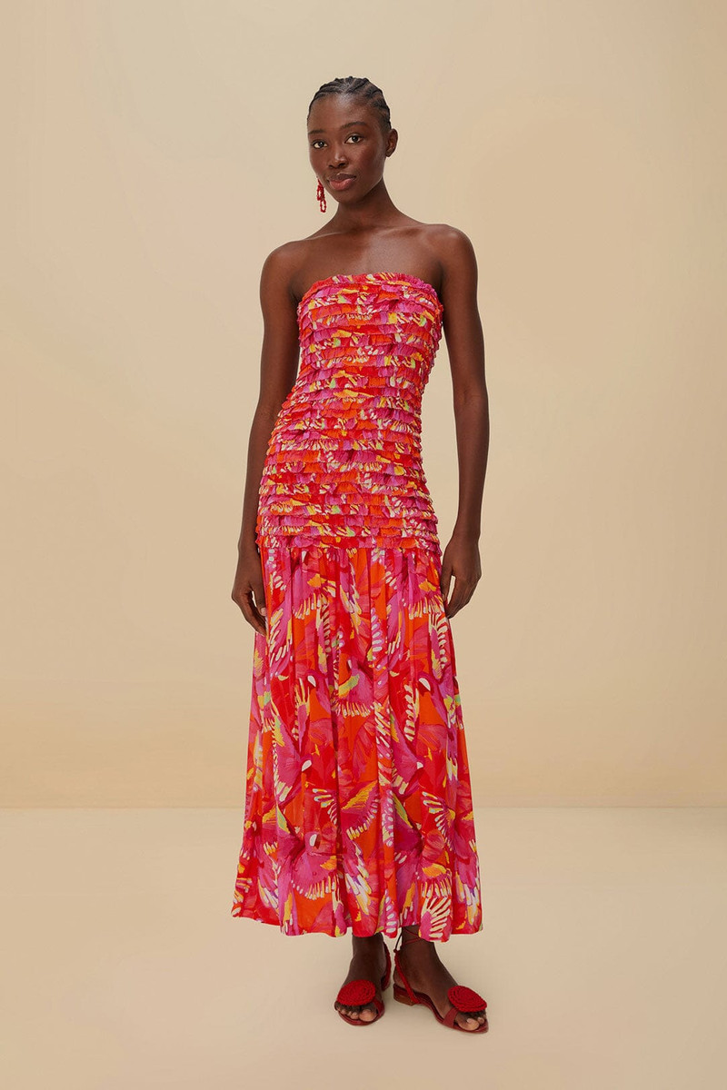 Orange Flying Birds Strapless Midi Dress 1