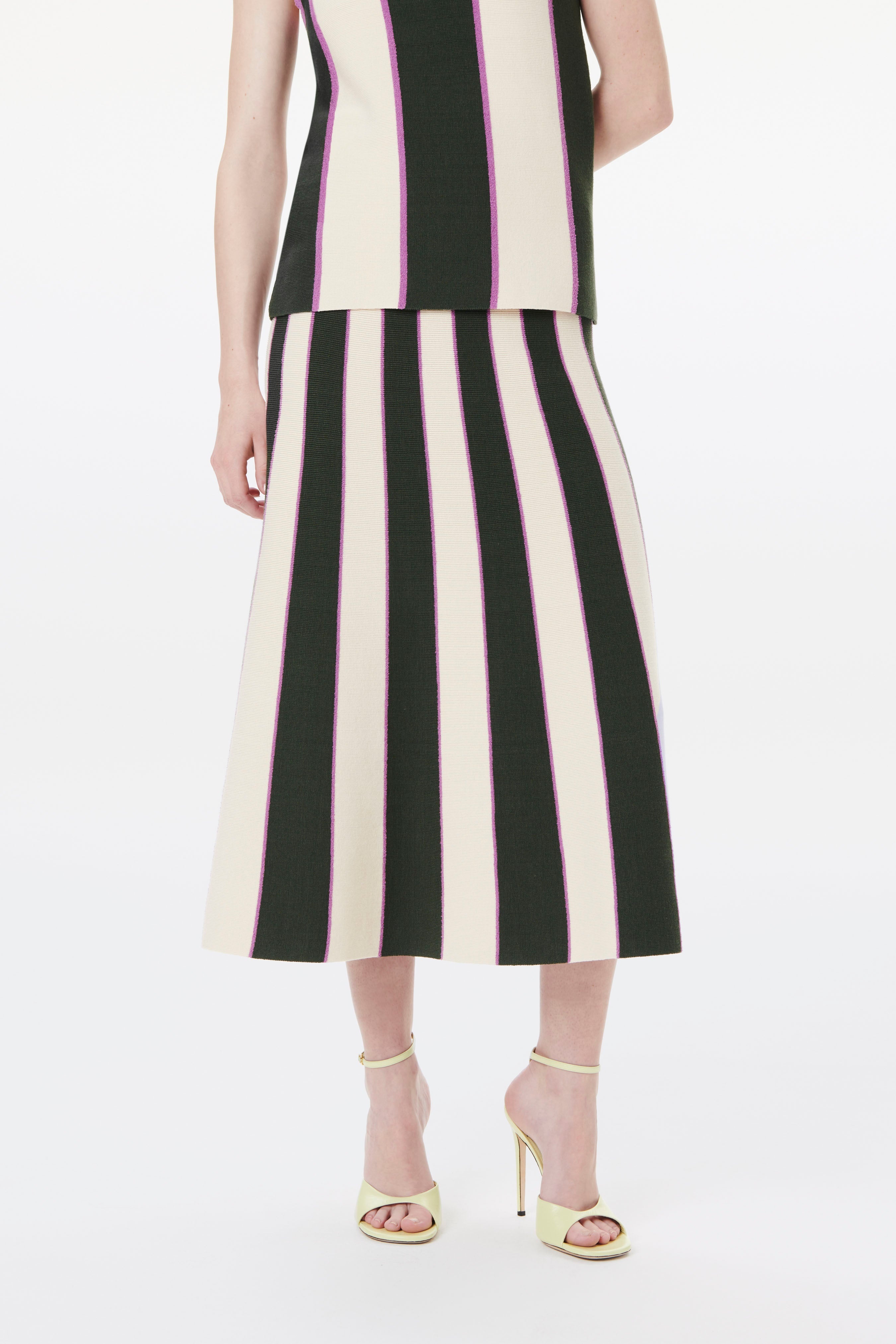 Flared Knitted Skirt in Khaki, Violet Stripe - 3