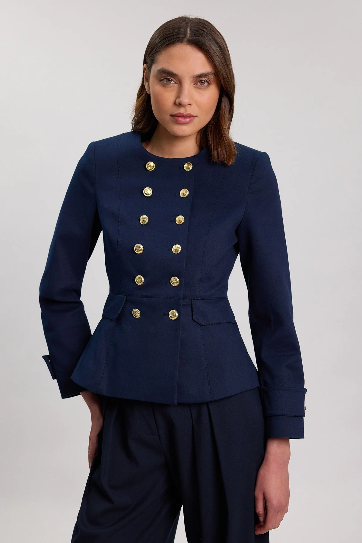 Cotton Tailored Button Detail Peplum Blazer - 1