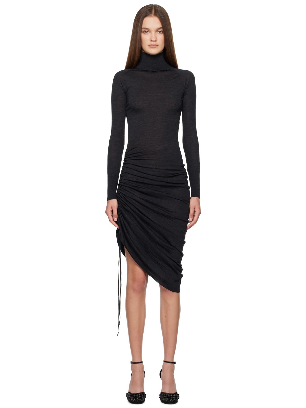 Black Draped Midi Dress - 1