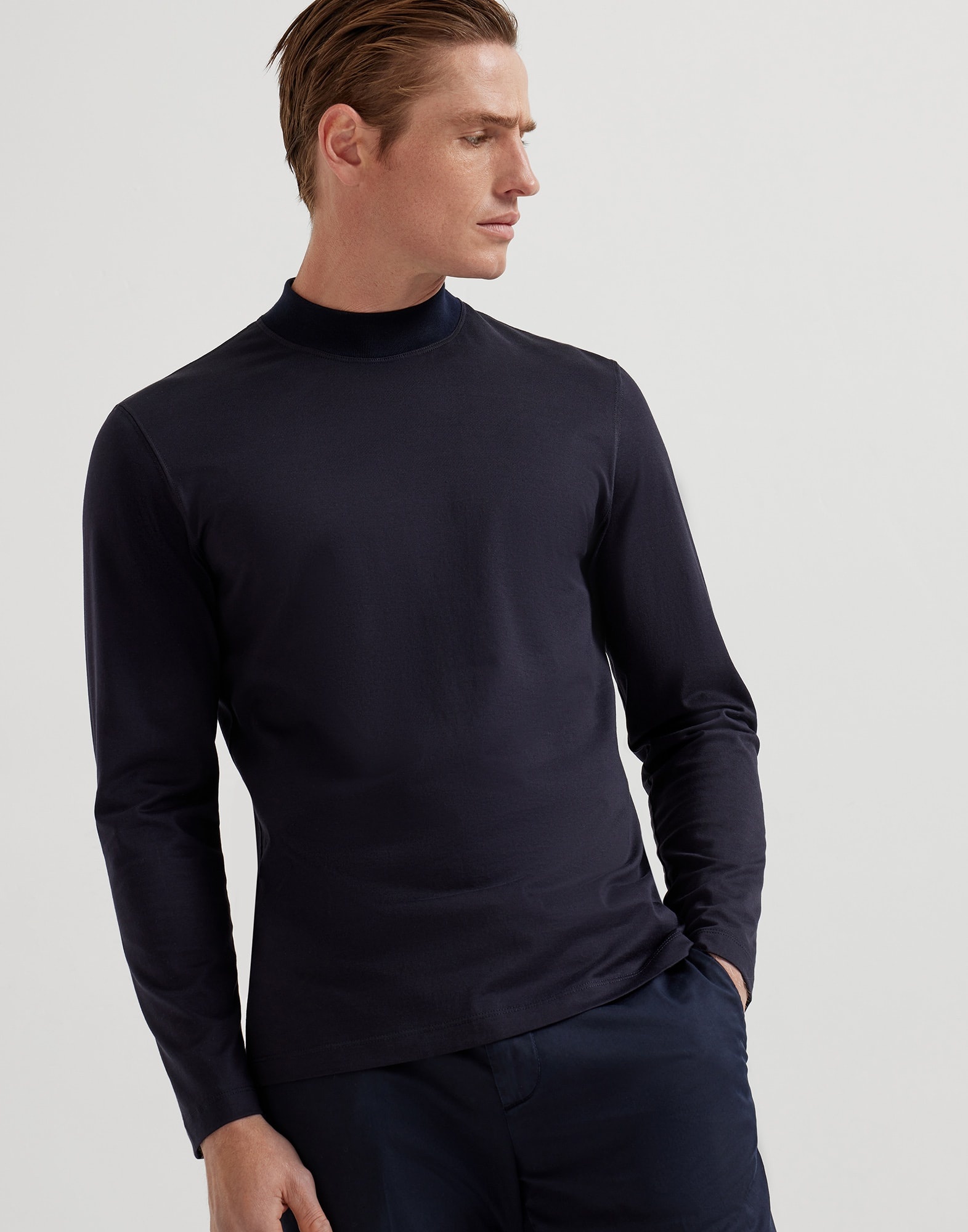 Cotton jersey mock neck long sleeve T-shirt - 1