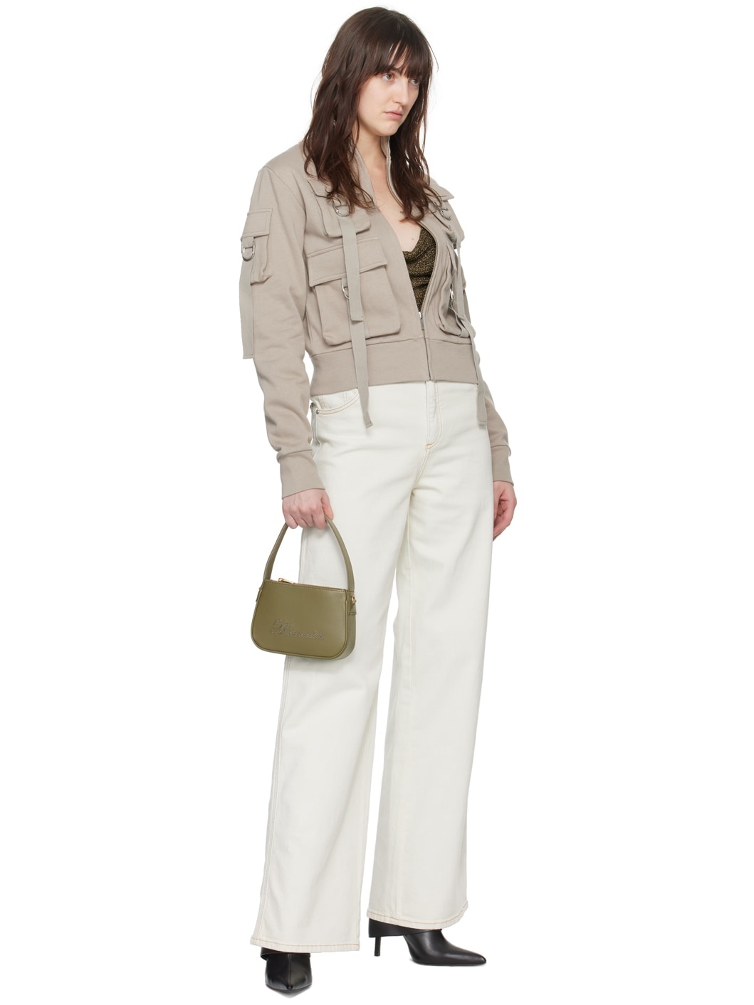 Khaki Nappa Leather Rhinestone Logo Bag - 4