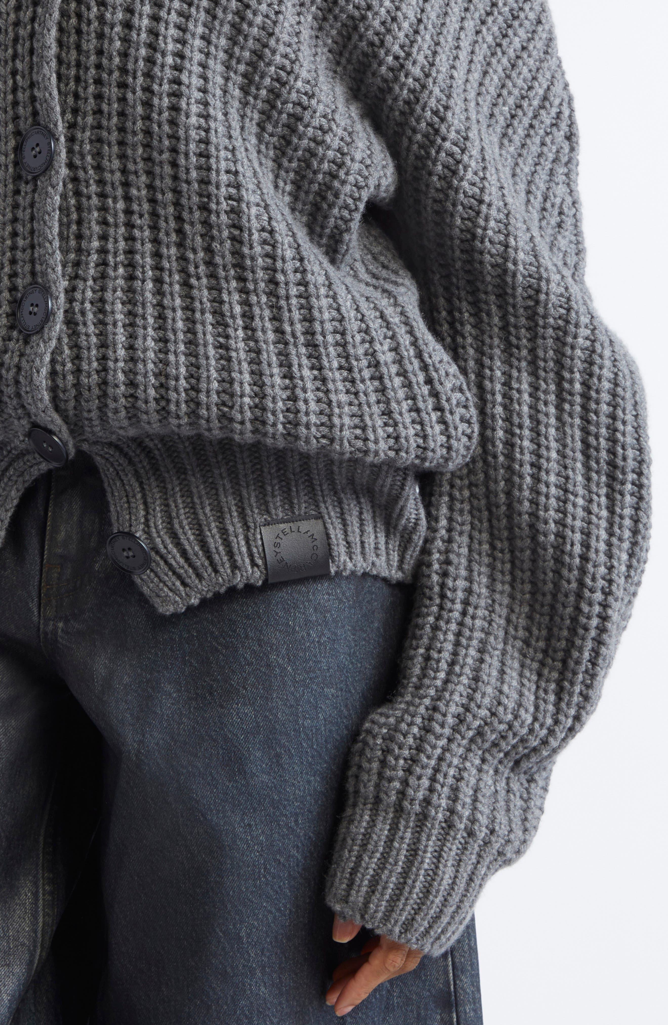 Stella McCartney Hooded Oversize Recycled Cashmere & Virgin Wool Rib Cardigan in Dark Grey Melange a - 5
