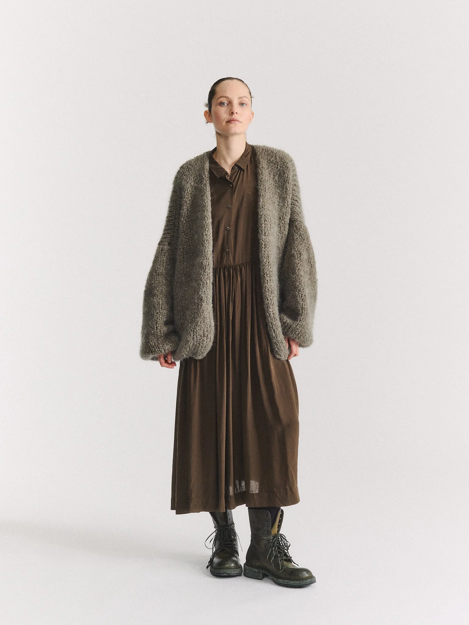 SHORT CARDIGAN - MOHAIR - KHAKI - 1