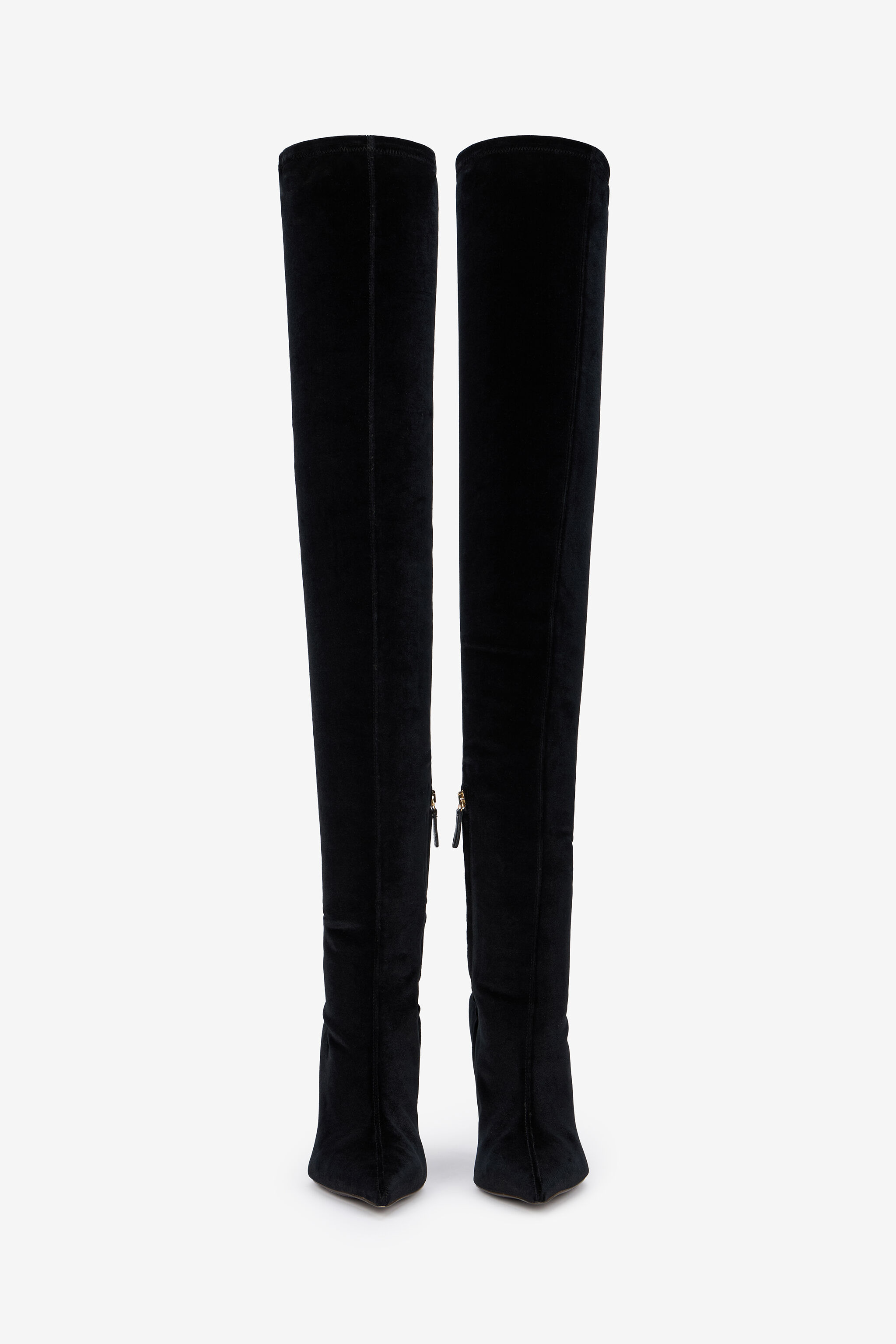 Black Satin Pointed-Toe Thigh High Boots - 6