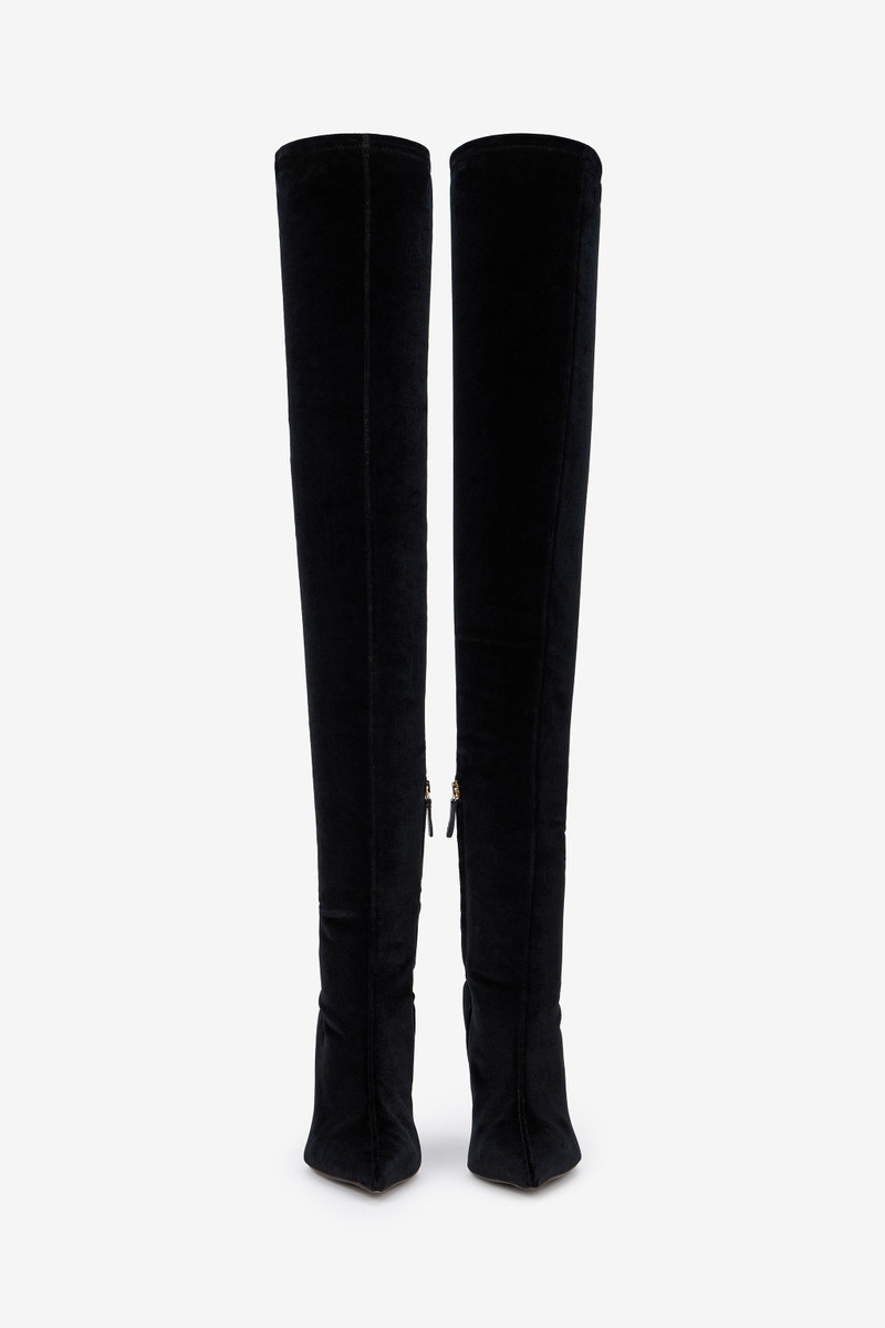 Black Satin Pointed-Toe Thigh High Boots 6