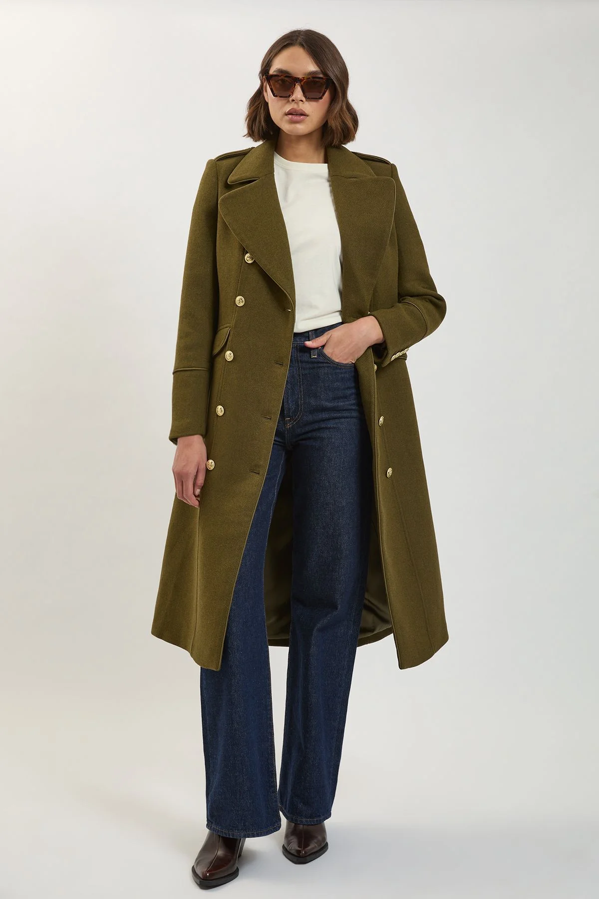 Wool Double Breasted Military Tailored Midi Coat - 1